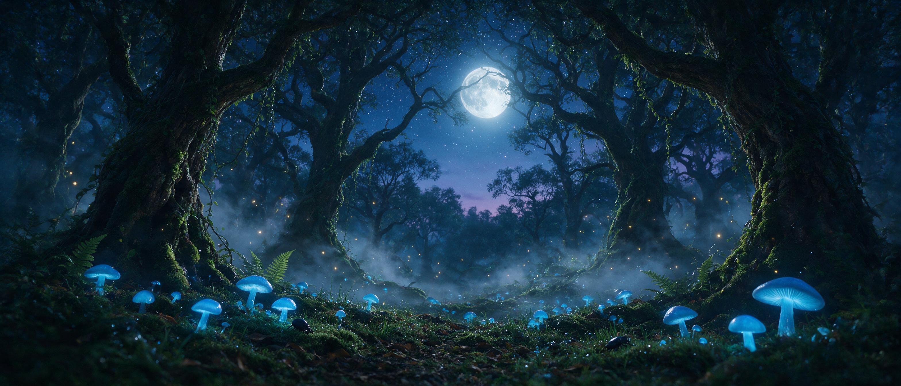 A luminous moonlit forest with glowing blue mushrooms on mossy ground, ancient gnarled trees, soft mist weaving between trunks, gentle fairy lights flickering in the air, twilight sky with stars, cinematic composition, moody atmosphere, slight grain