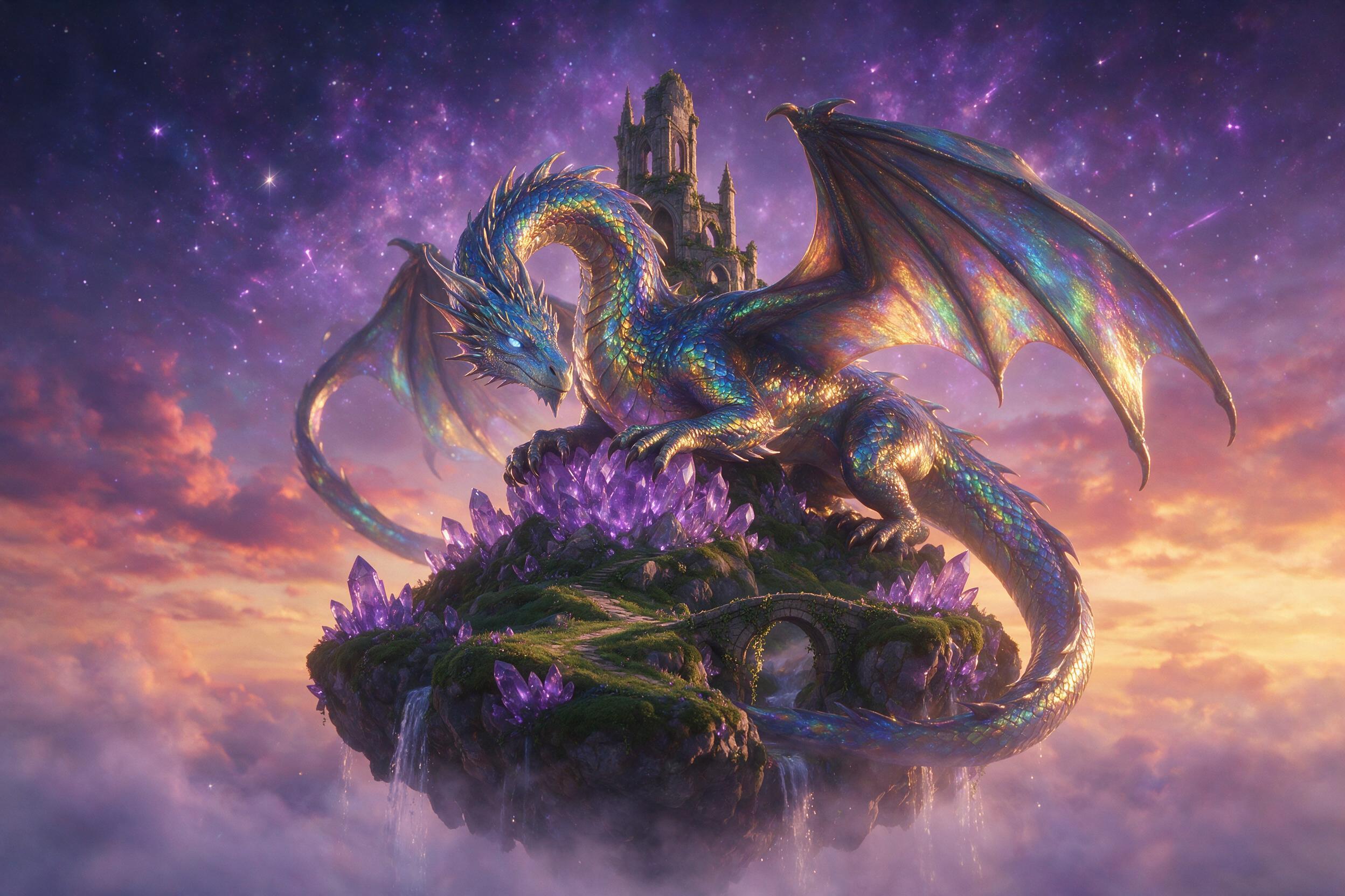 A glowing, iridescent dragon curls around a floating crystal island in a twilight sky, its scales reflecting warm sunset hues against a cool violet nebula, soft mist swirls below, shallow depth of field, cinematic lighting