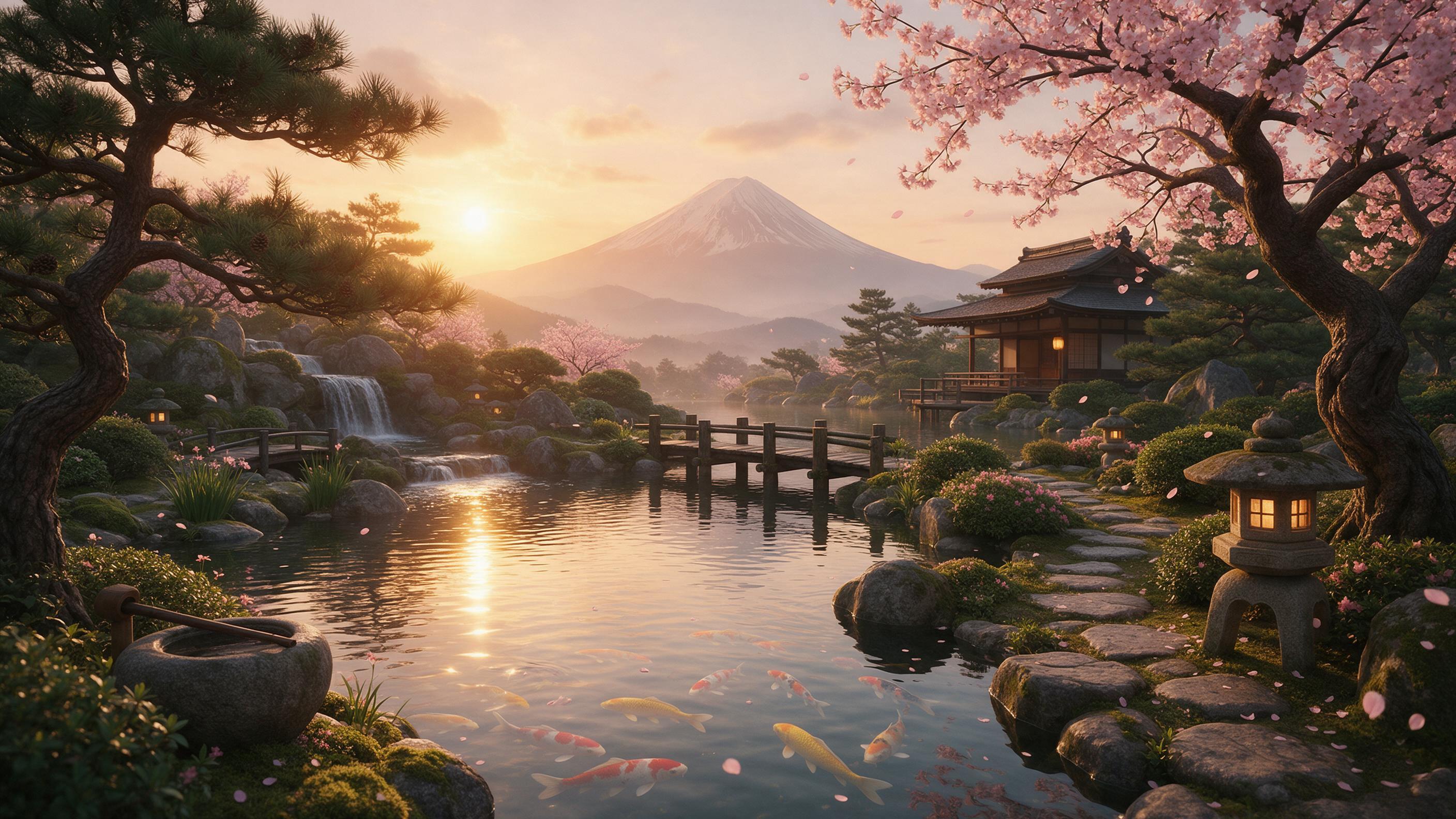 A serene Japanese garden at golden hour, cherry blossoms falling, koi pond reflecting warm light, digital art, 8K