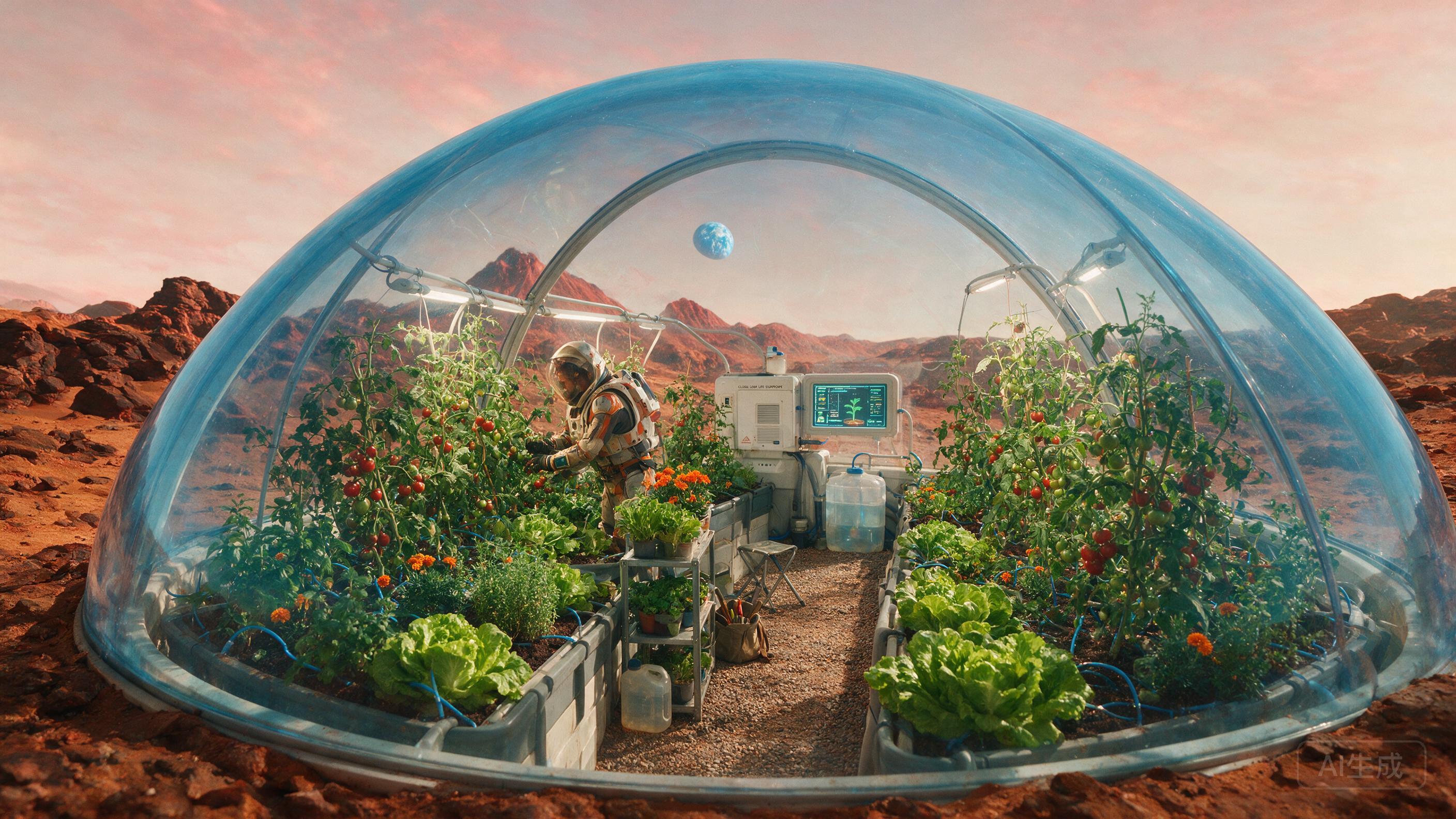 A lone astronaut tending a greenhouse on Mars, Earth visible through dome, hopeful atmosphere, vivid colors