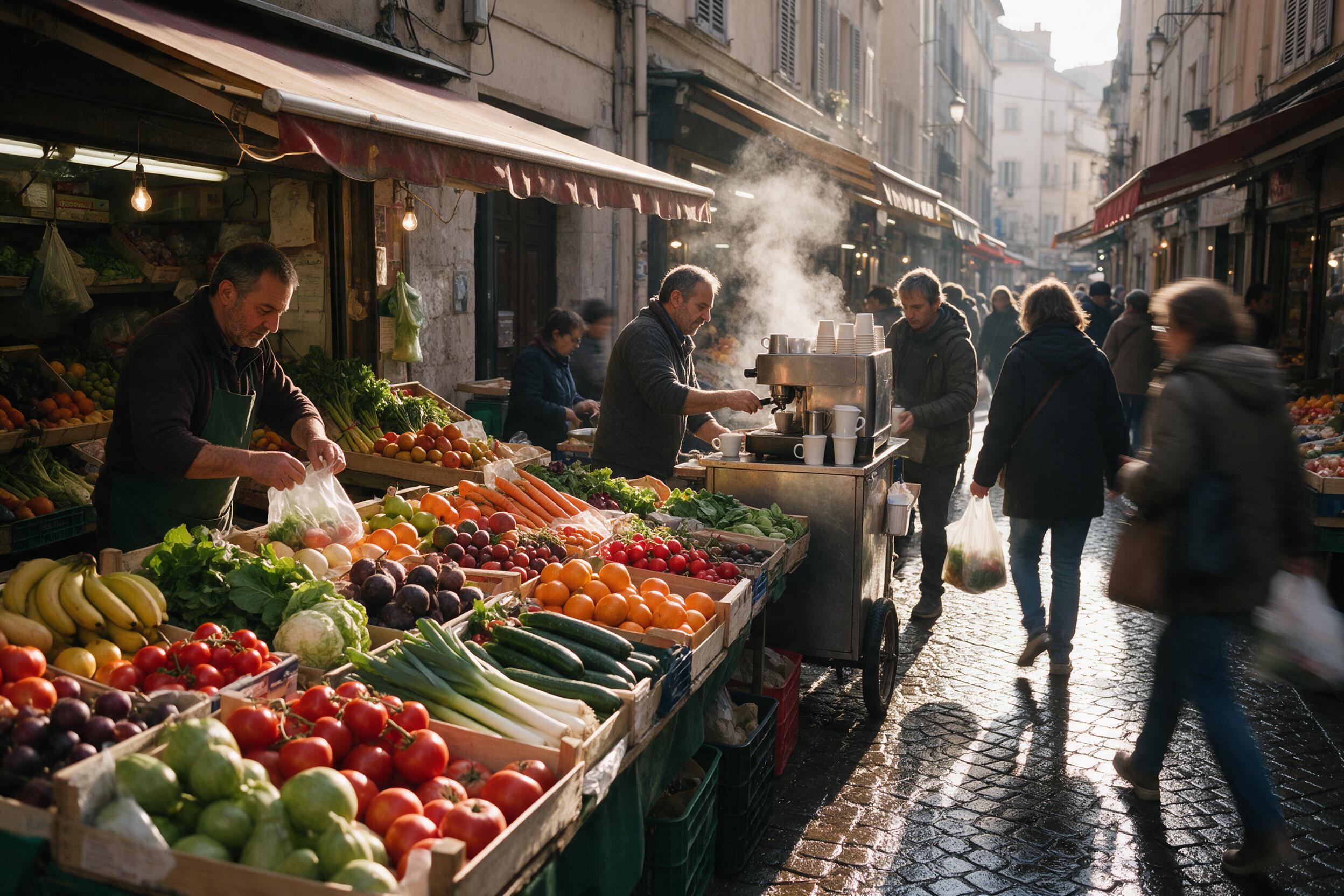 A bustling morning market in a narrow European alley, vendors arranging colorful fresh produce, steam rising from a coffee cart, warm sunlight casting long shadows, cobblestones wet from recent rain, shoppers in motion with slight camera shake, natural candid moments, documentary style.