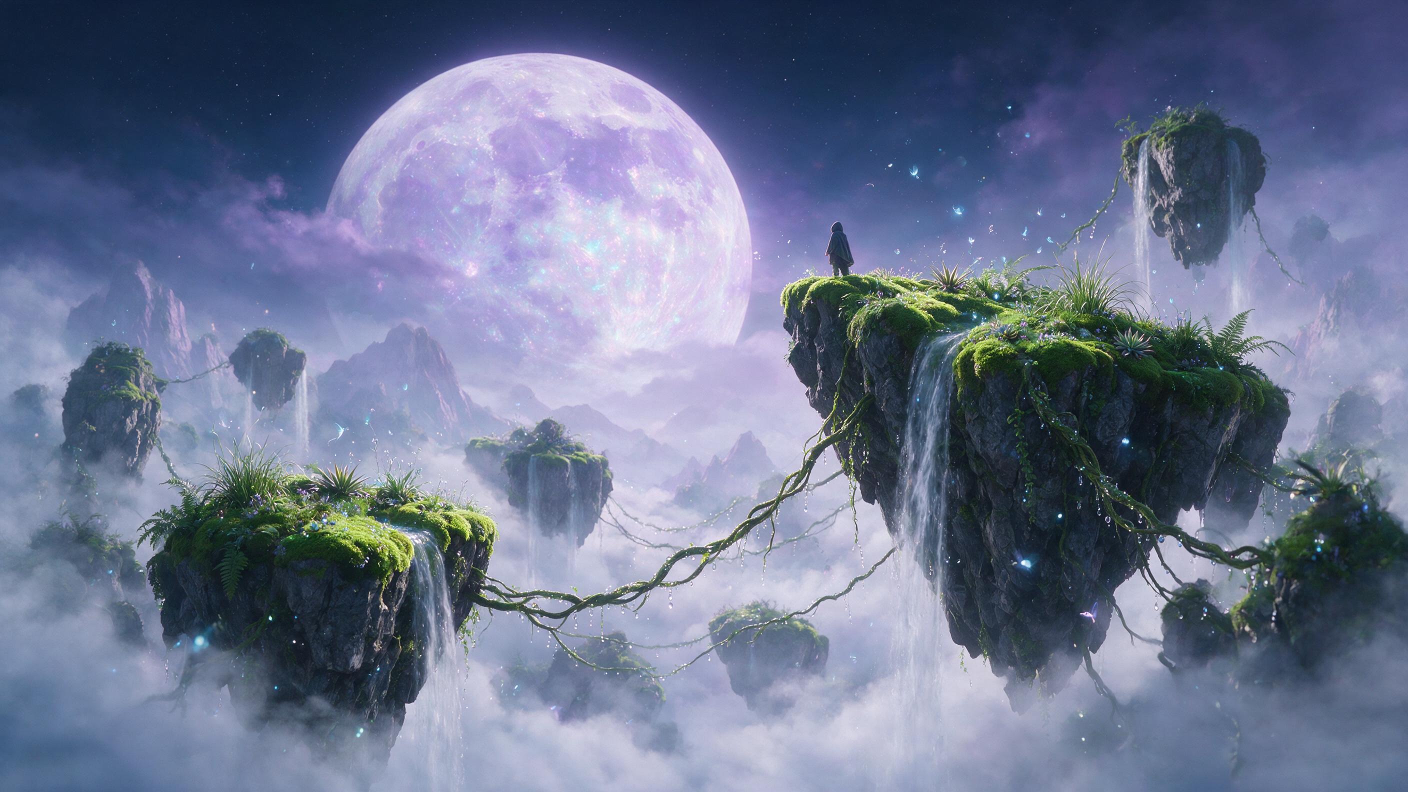 An ethereal floating archipelago of glowing mossy rocks, connected by dripping vines, seen through a veil of drifting fog. Scattered tiny bioluminescent creatures emit soft blue light. A lone hooded figure stands on a cliff edge, gazing at a massive, low-hanging lavender moon. Soft, diffused moonlig