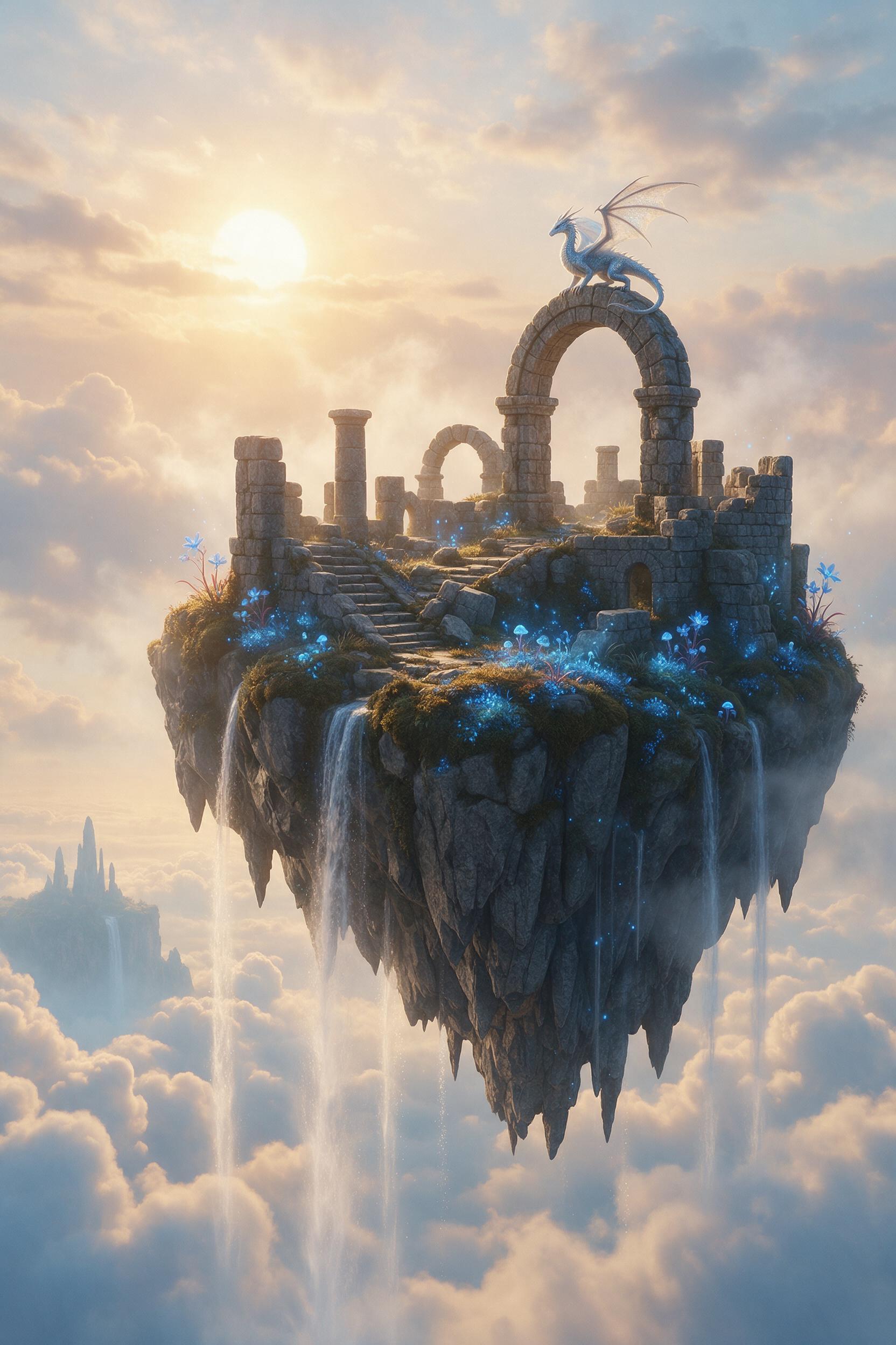 A misty floating island with ancient stone ruins, glowing blue flora and small waterfalls cascading into the clouds, soft golden sunset light filtering through drifting mist, a tiny winged dragon perched on a crumbling arch, view from a low angle emphasizing the island's verticality, serene and myst