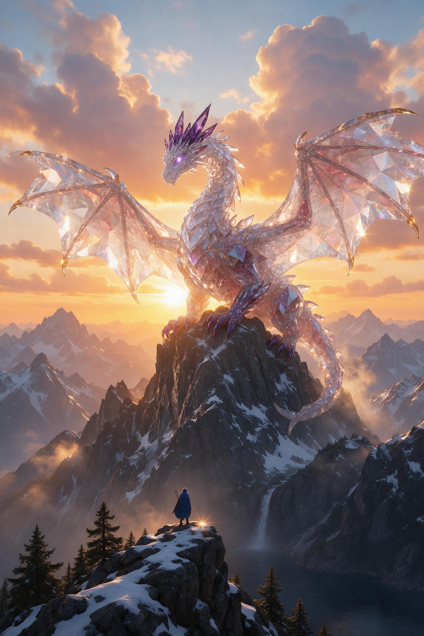 A dragon made of crystalline minerals resting on a mountain peak, sunrise behind it, fantasy epic scale