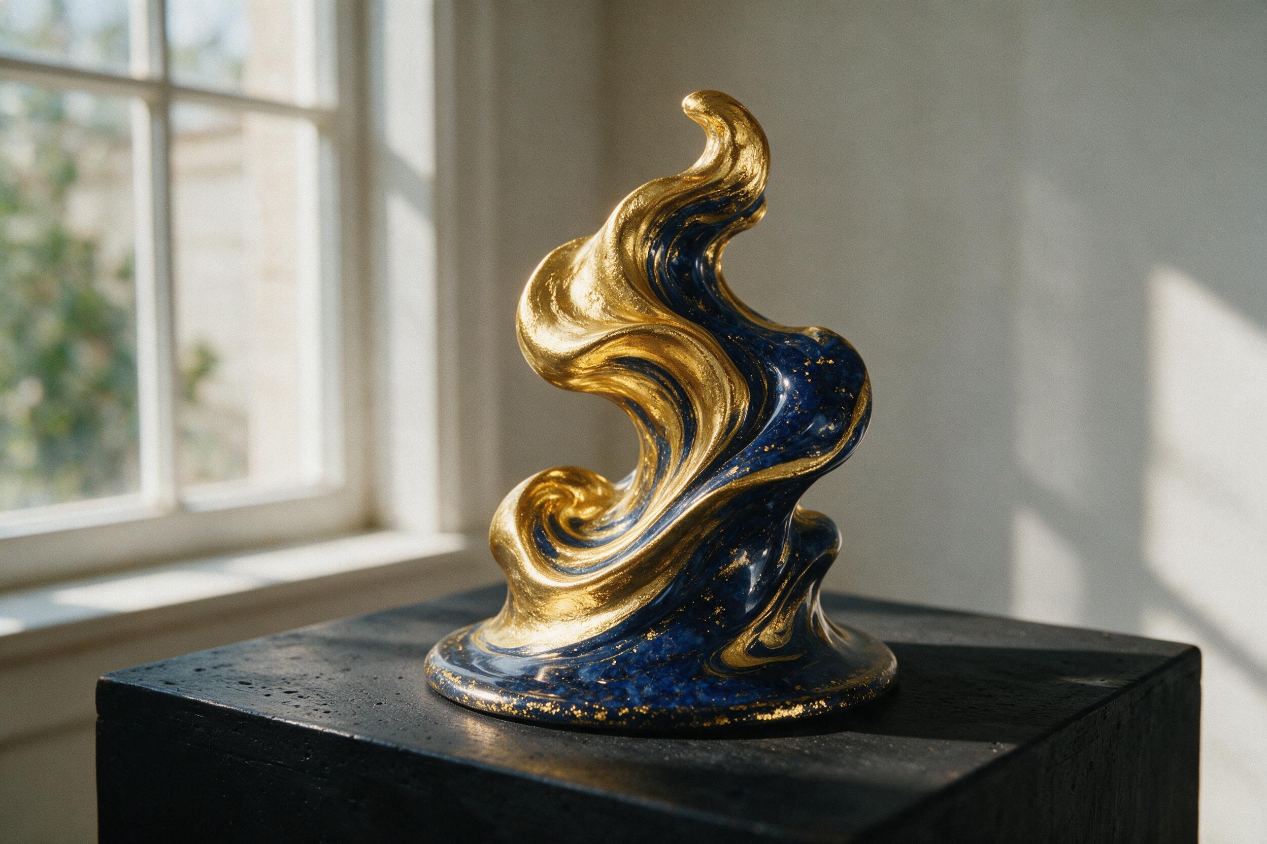 A fluid art sculpture of swirling gold and deep indigo, frozen in motion, with soft window light casting long shadows on a matte black surface, shallow depth of field, slight grain, minimalist composition