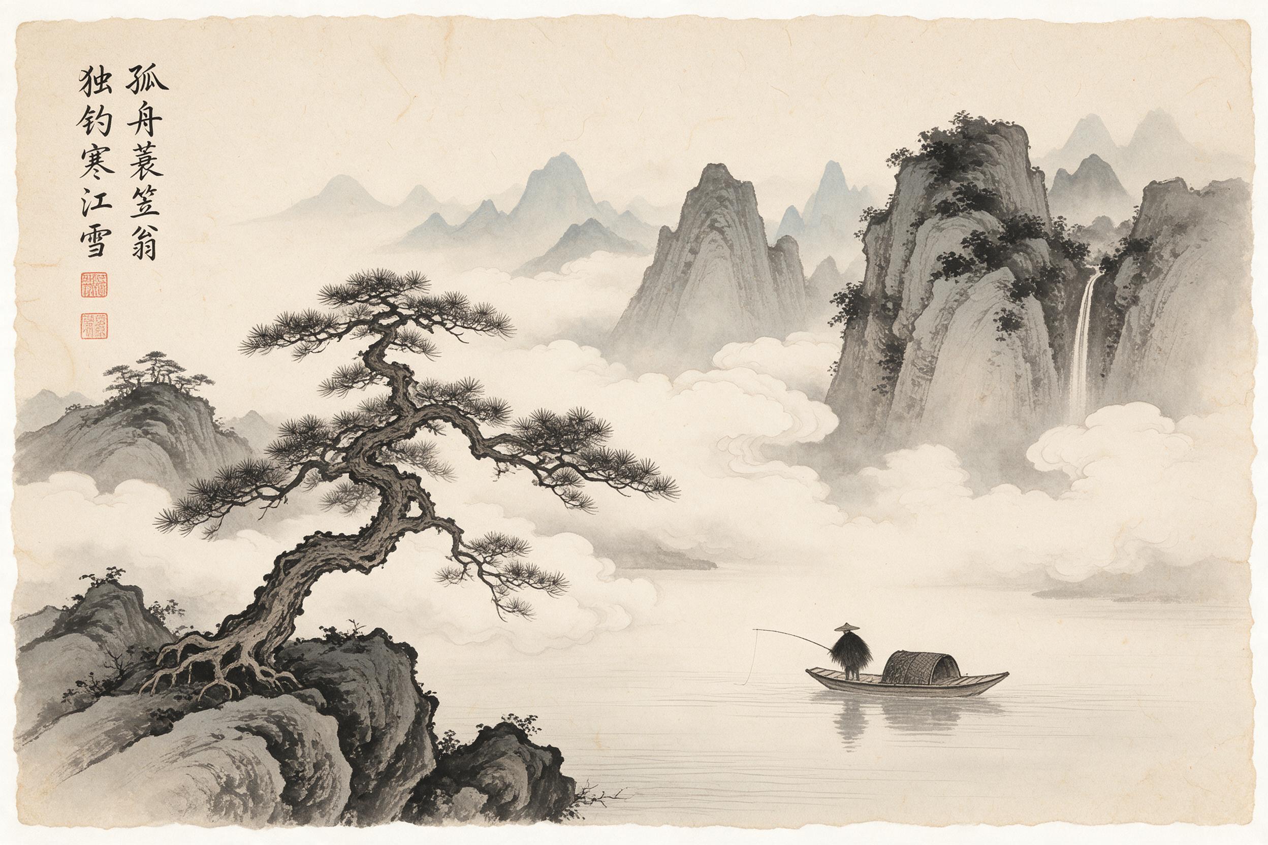 A traditional Chinese ink wash painting on handmade rice paper, depicting a misty mountain landscape with an ancient pine tree and a lone fisherman in a small boat on a serene river. Soft gray and black ink gradients, flowing white clouds, distant peaks fading into the fog, subtle watermark stains o