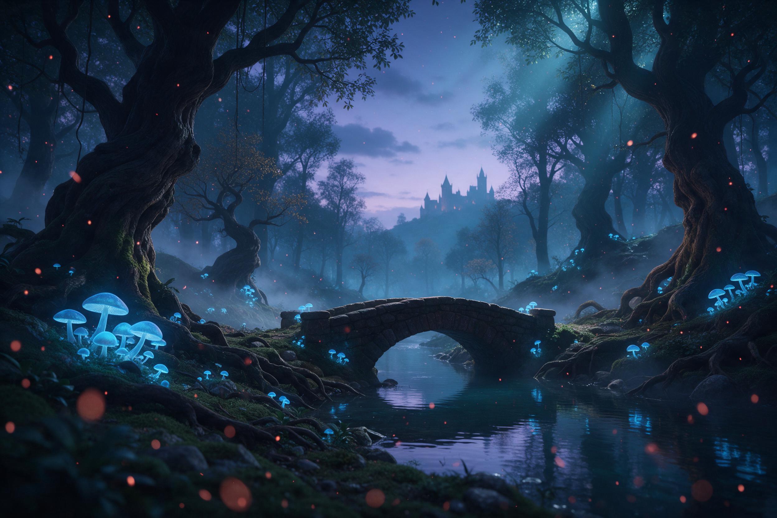 A mystical glowing forest at twilight, ancient twisted trees with bioluminescent blue mushrooms and floating embers, a small stone bridge over a reflective stream, soft mist weaving between trunks, deep teal and violet color palette, distant castle silhouette, dreamy ethereal atmosphere, gentle volu