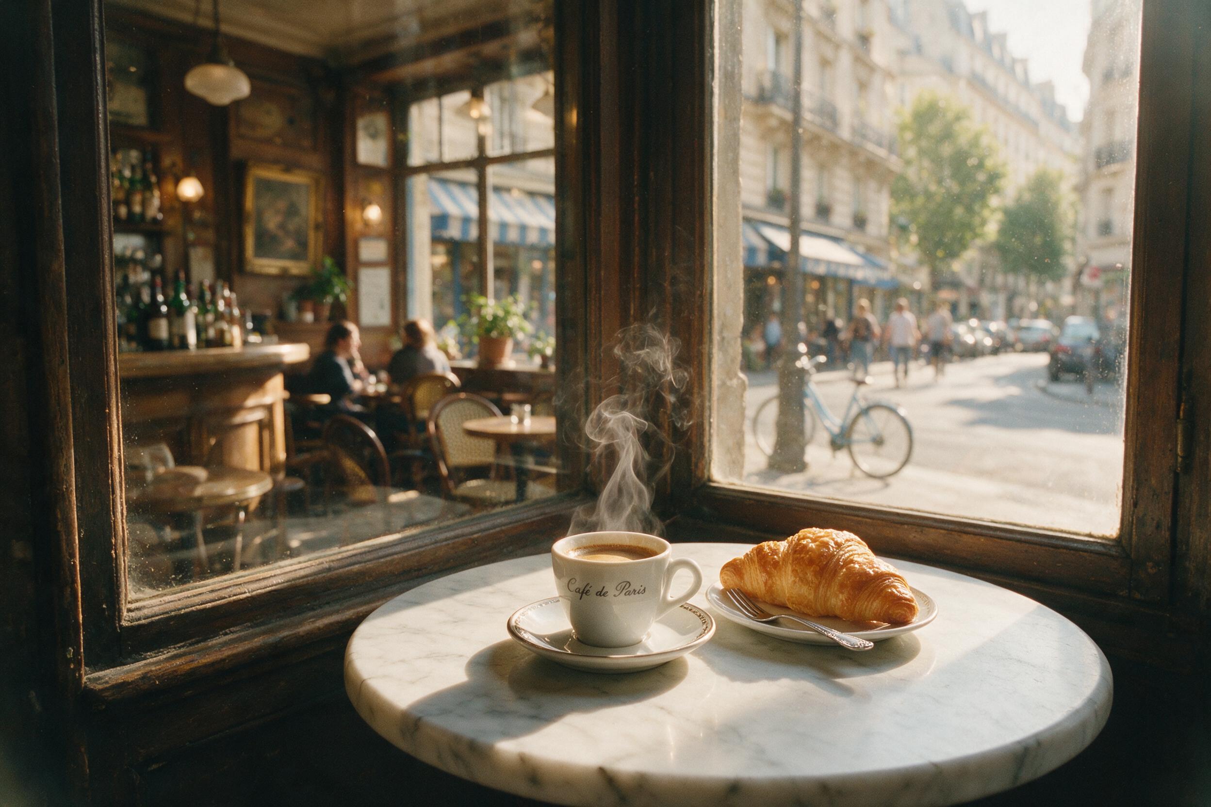 A cozy morning scene in a small Parisian café, soft golden light streaming through a dusty window, a cup of espresso and a croissant on a marble table, steam rising gently, blurred street view outside, film grain, slight vignette, natural lighting, 35mm lens