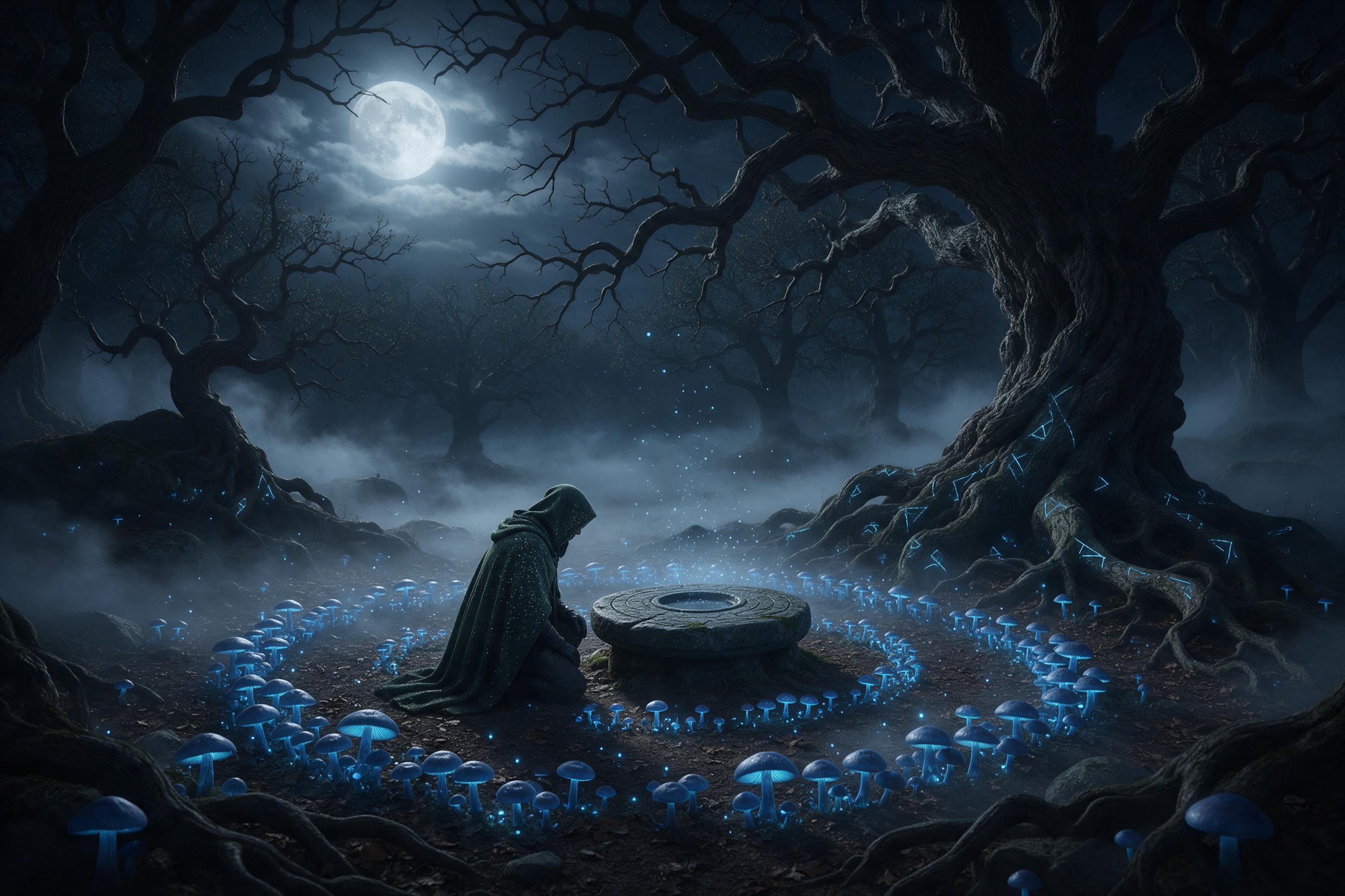 A moonlit glade where bioluminescent blue mushrooms grow in concentric rings around an ancient stone altar, their spores drifting like stardust on a gentle breeze. Soft fog rolls through ancient oaks, gnarled roots glowing with faint cyan runes. A lone hooded figure kneels, cloak shimmering with wov