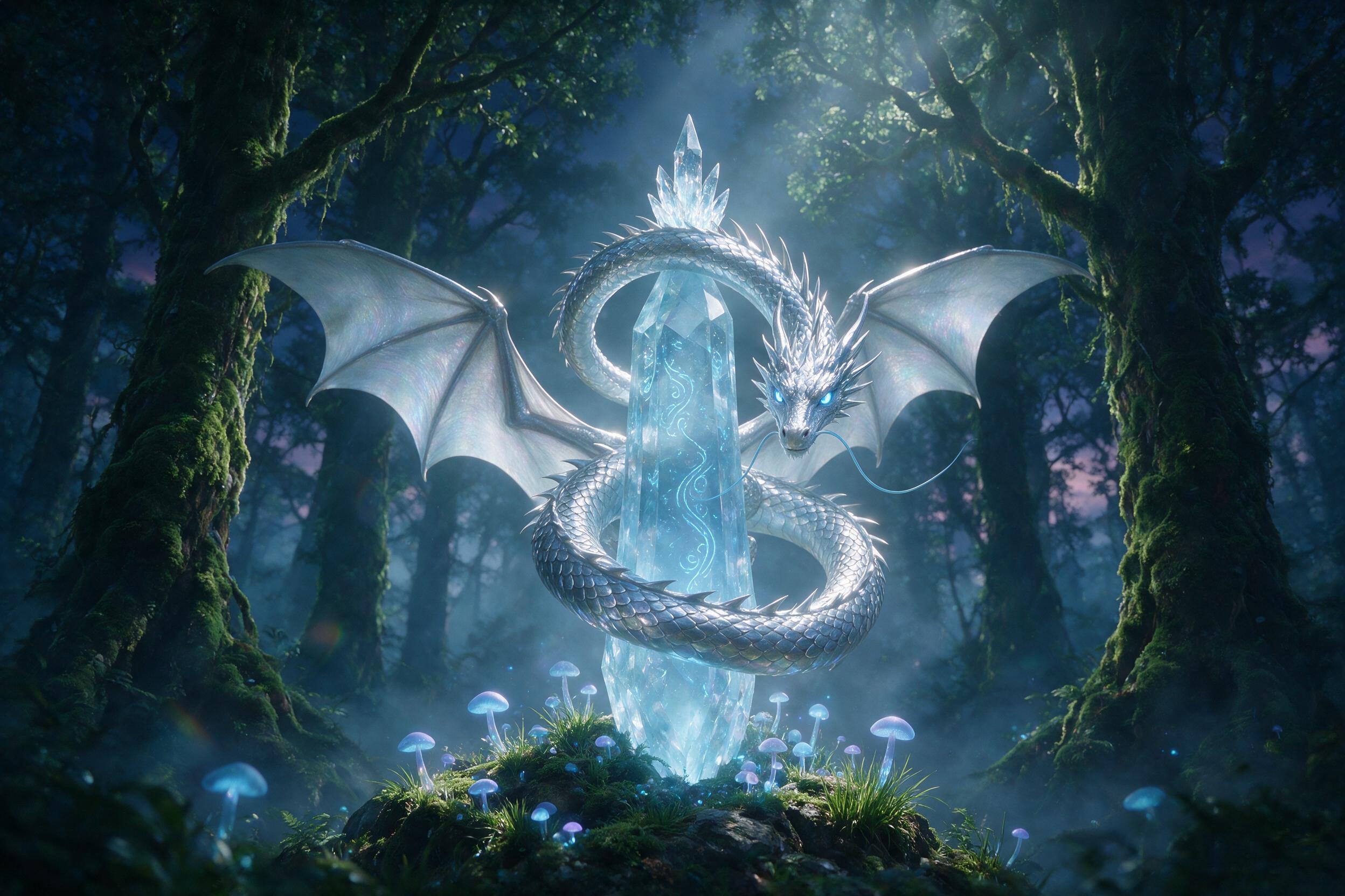 A luminous silver dragon coiled around a floating crystal spire in a misty twilight forest, bioluminescent mushrooms glowing softly at the base, shafts of moonlight piercing through the canopy, shallow depth of field with a slight lens flare, cinematic composition