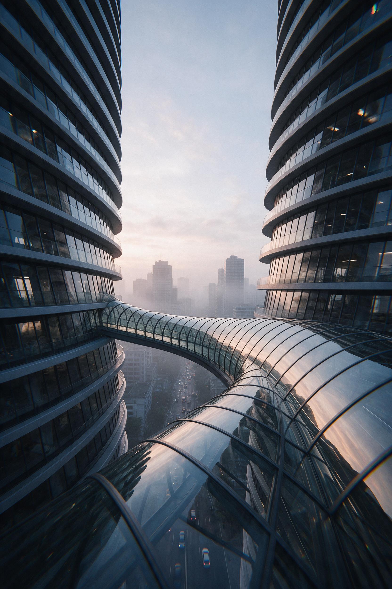 Low-angle view of a winding glass bridge suspended between two futuristic towers, its curved panes reflecting a pale sunset. Mist gathers at street level, softening the city's hard edges. Composition emphasizes verticality and a lone birds-eye glimpse of traffic below. Subtle chromatic aberration on