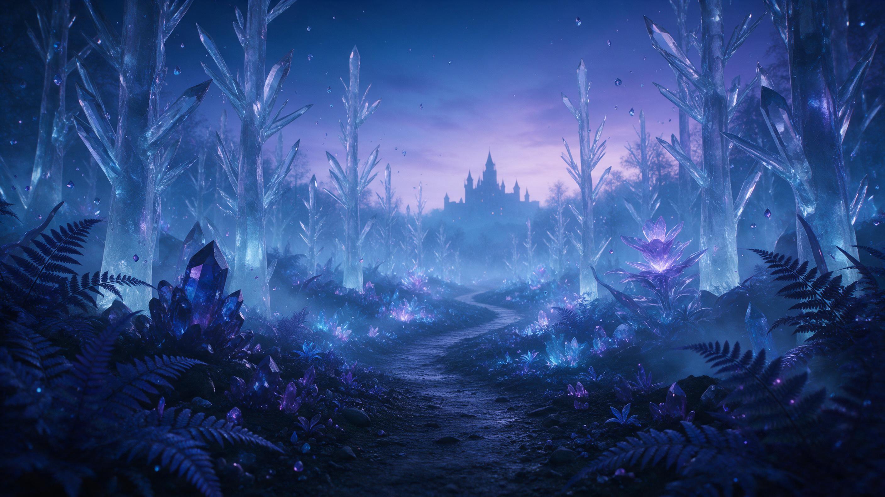 A glowing crystal forest at twilight, bioluminescent plants casting blue and purple light, winding path with soft mist, towering translucent trees, distant silhouette of a castle, cinematic composition with foreground ferns, atmospheric depth, no text or watermark.