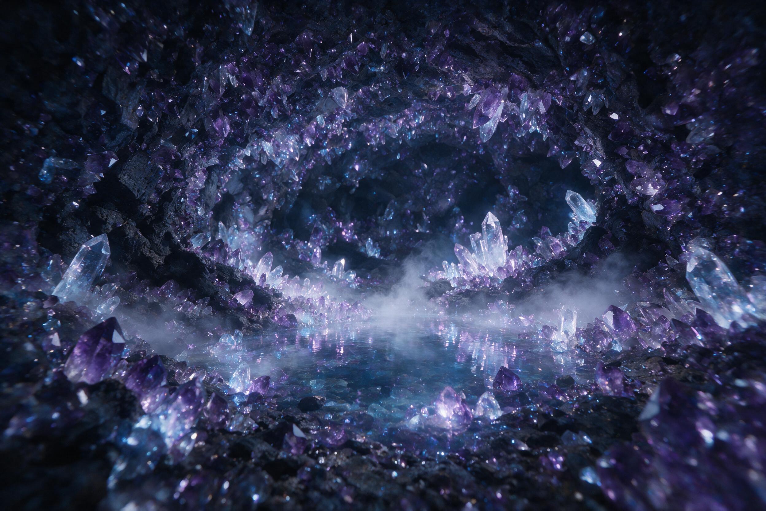 A luminous crystal cave deep underground, jagged amethyst and quartz formations glowing with soft blue light, a small pool of clear water reflecting the crystals, mist rising gently, ethereal atmosphere, slight camera shake, natural lighting from crystals