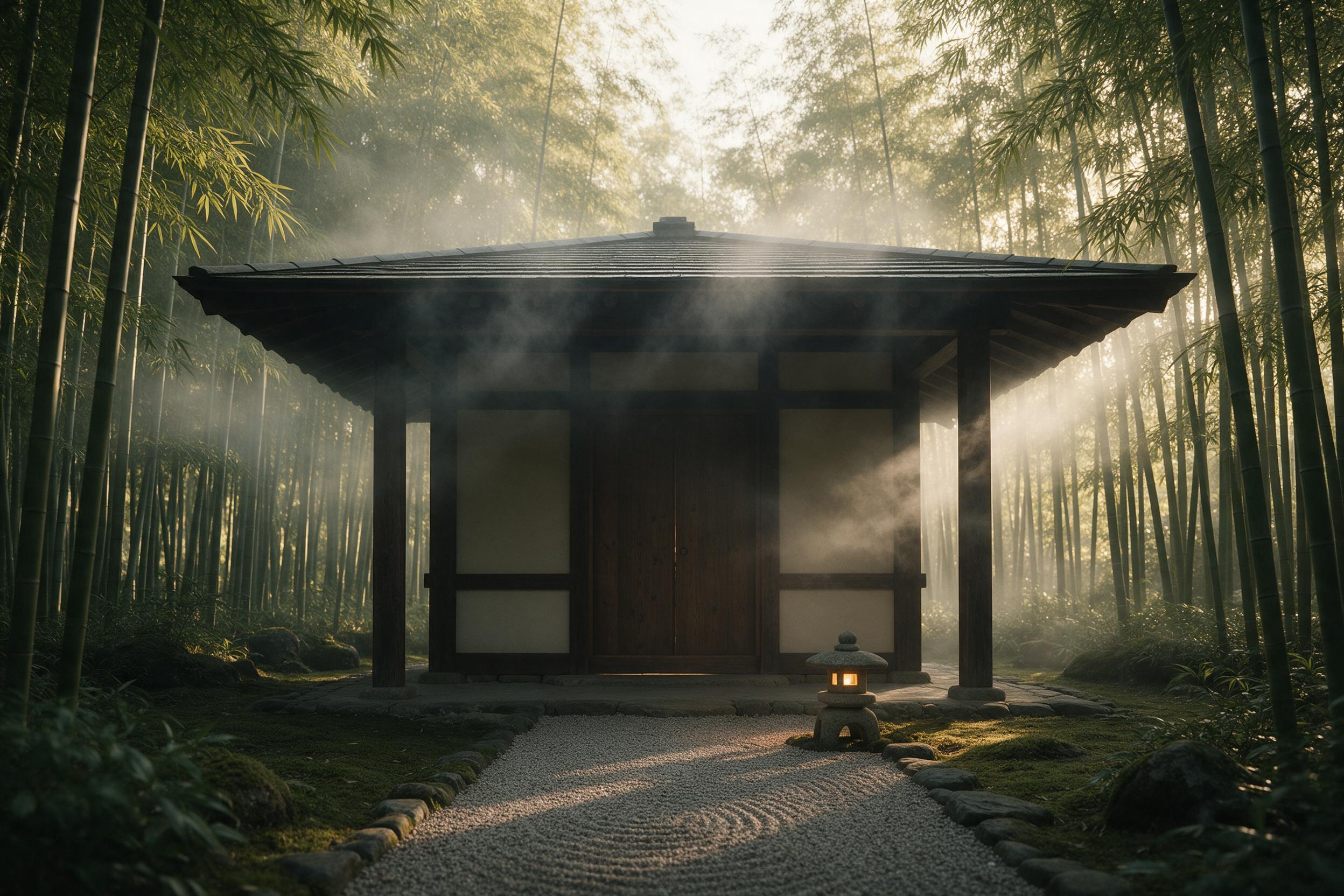 A serene Japanese tea house nestled in a bamboo forest at dawn, soft mist curling around dark timber beams, a single stone lantern glowing warm, raked gravel path leading to a wooden door, muted green and amber tones, natural light filtering through leaves, composition centered with symmetrical fram