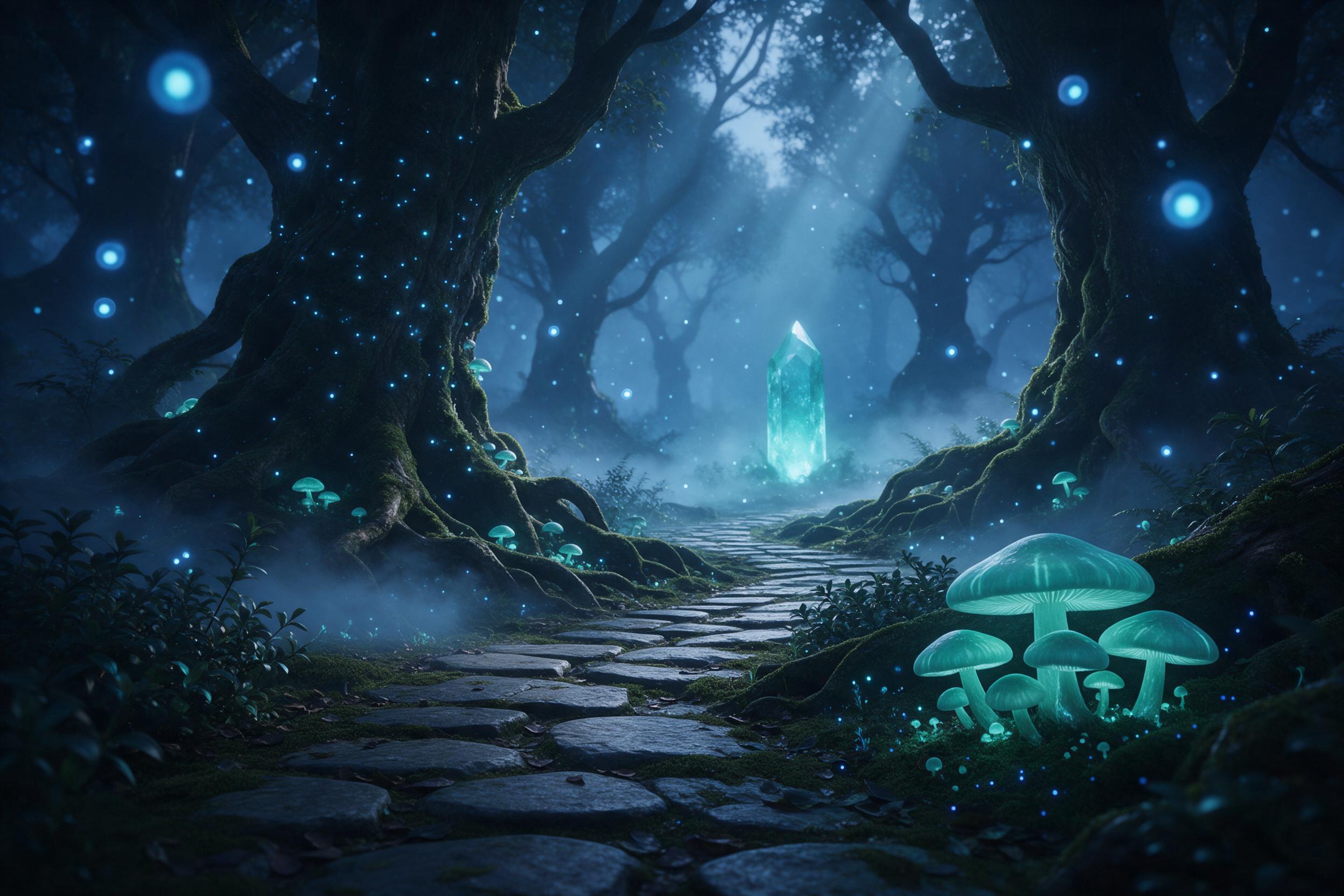 A misty bioluminescent forest at twilight, ancient gnarled trees with glowing teal mushrooms, floating blue spores drifting in the air, a winding mossy path leading to a distant glowing crystal, soft fog, cool blue-green palette, ethereal light beams filtering through canopy, cinematic composition, 