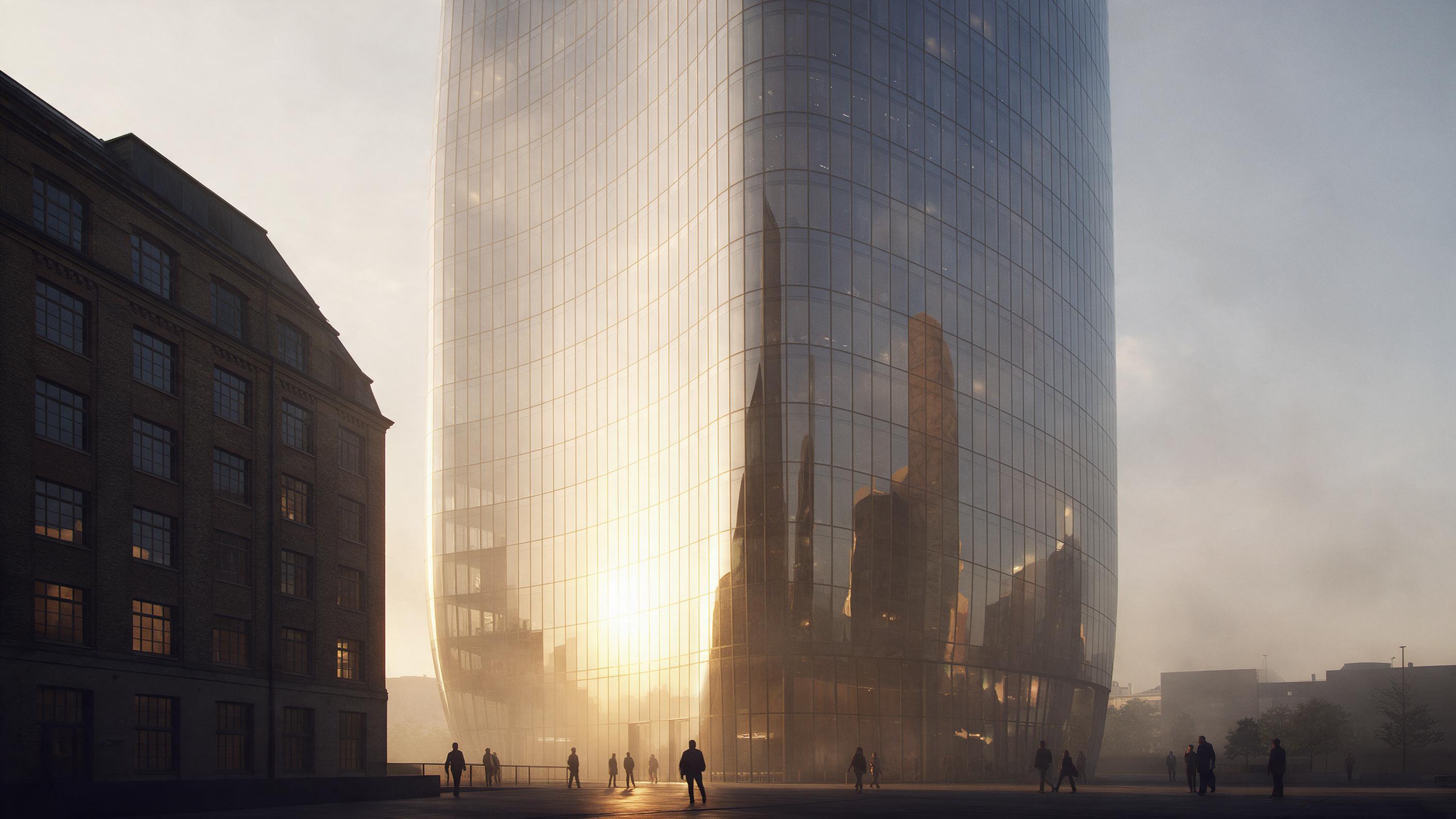 Low-angle view of a curved glass skyscraper reflecting golden sunset, with adjacent older brick building contrasting textures, soft haze, and tiny silhouettes walking on plaza, shallow depth of field.