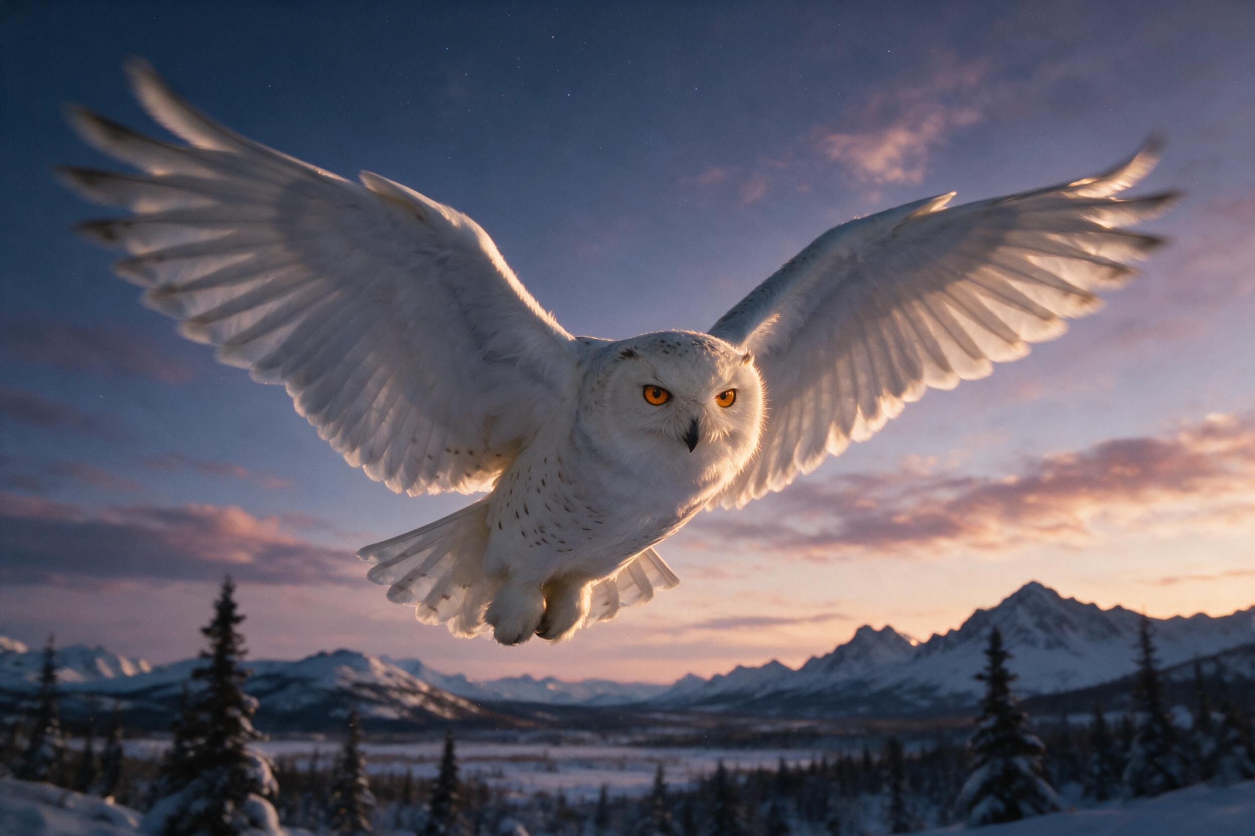 Close-up of a snowy owl in mid-flight against a twilight sky, wings spread wide, soft feathers catching the last golden light, eyes sharp and focused, slight motion blur in wings, natural grain, shallow depth of field, cold tones with warm backlight