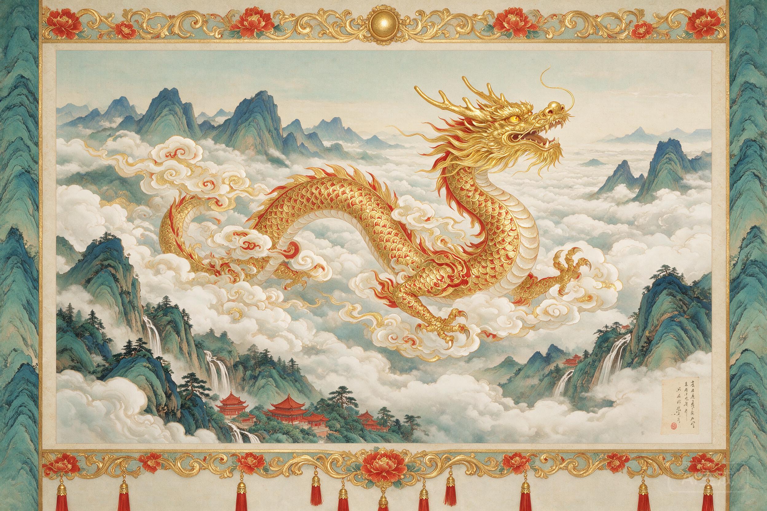 A dragon soaring above cloud-covered mountains, traditional Chinese painting style, gold and red accents, majestic composition