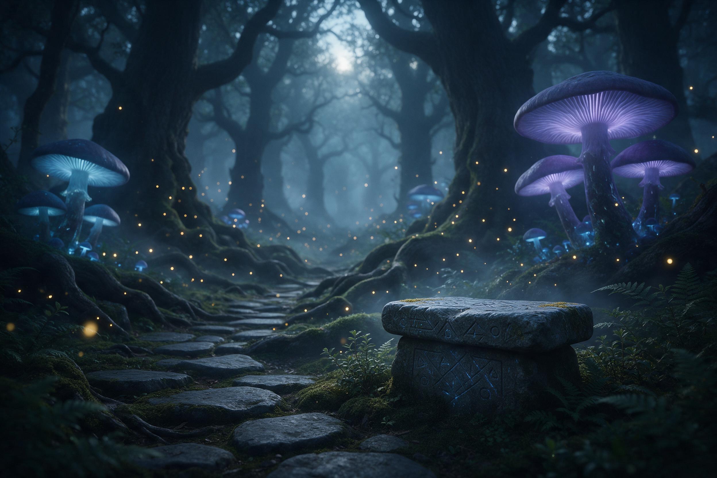 An enchanted ancient forest at dawn, where giant bioluminescent mushrooms cast soft blue and violet light onto a winding mossy path. Wisps of golden fireflies dance between twisted oak roots, and a faint mist weaves through the air. A small stone altar stands half-hidden under ferns, its surface etc