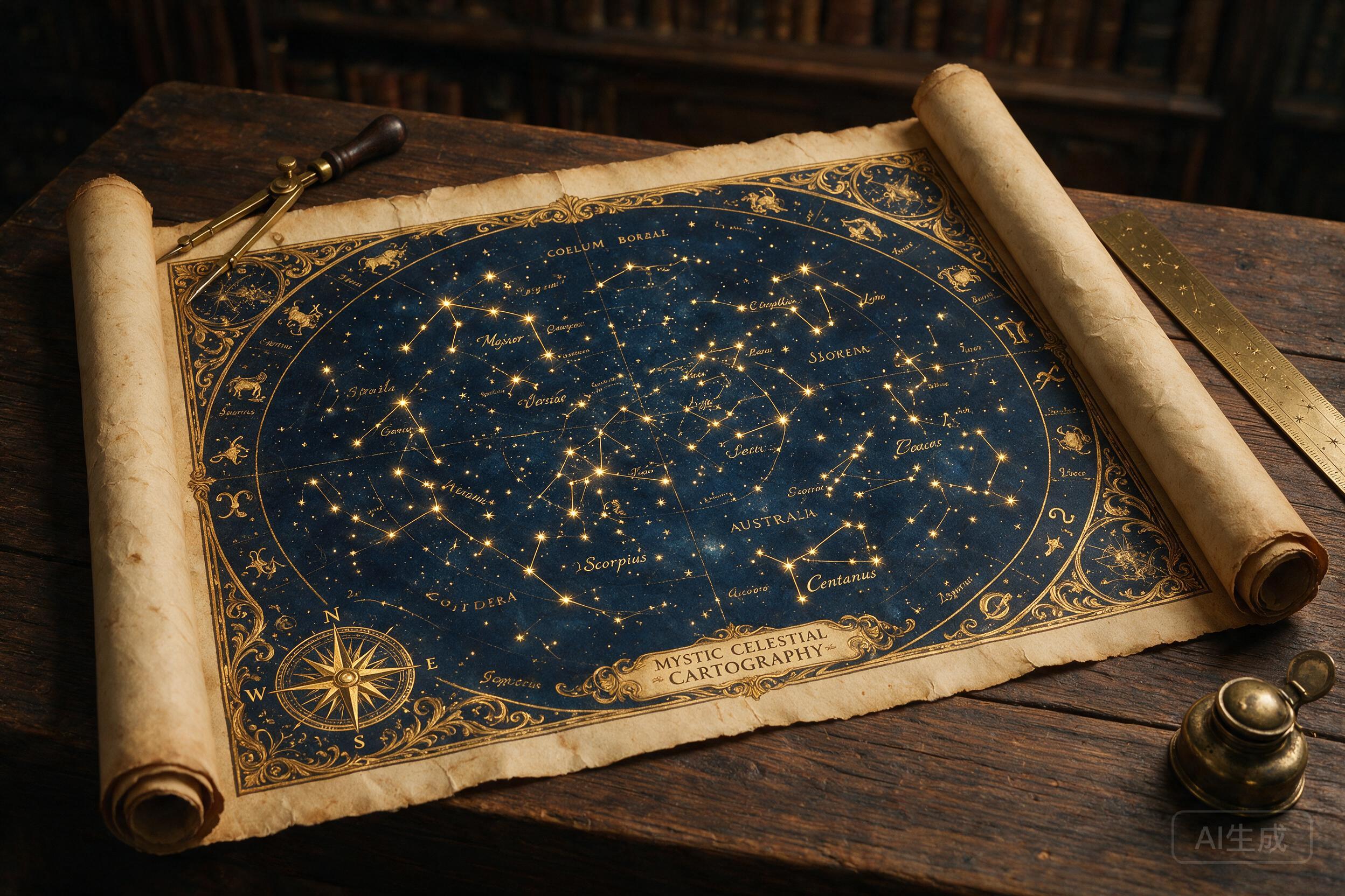A celestial map drawn on aged parchment, constellations connected by golden lines, compass rose, mystical cartography
