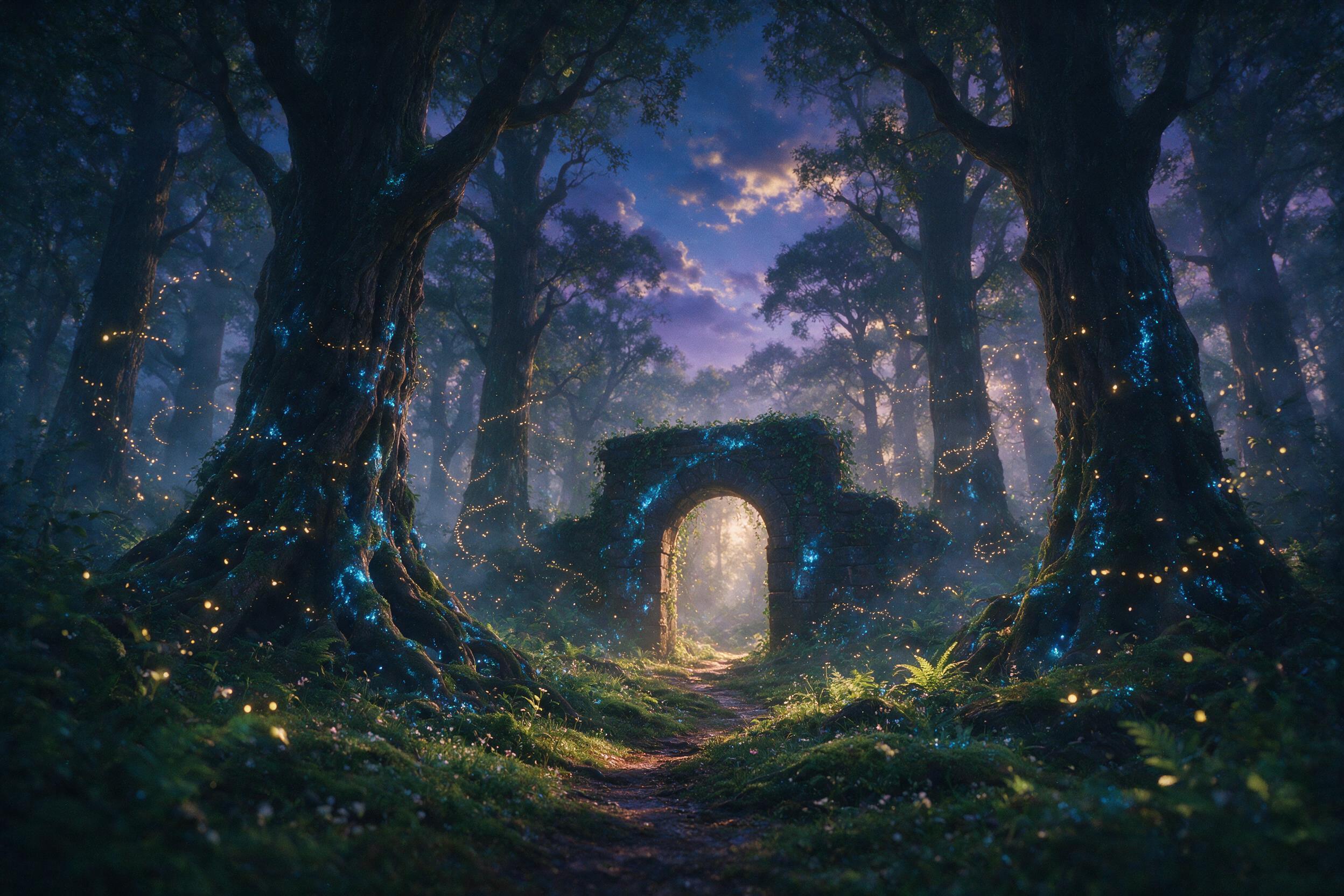 A luminous forest at twilight, ancient trees with glowing blue moss, soft golden fireflies floating in spiral patterns, a hidden stone archway, misty air, shallow depth of field, cinematic lighting with warm amber and cool violet tones, slight grain