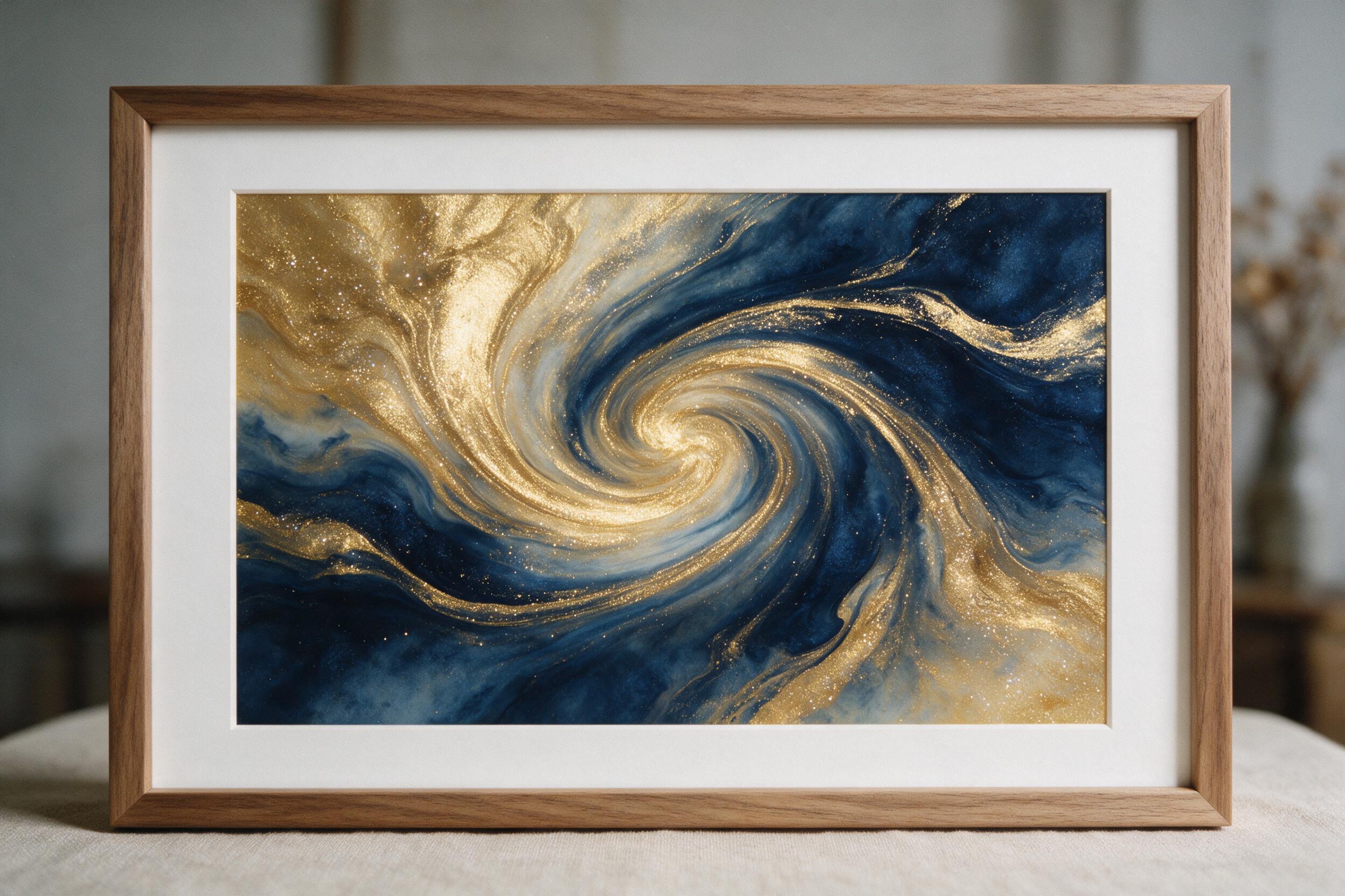 A fluid art composition of swirling metallic gold and deep indigo, with subtle gradients and organic curves, soft studio lighting, shot on medium format film with a slight grain texture, minimal and elegant.
