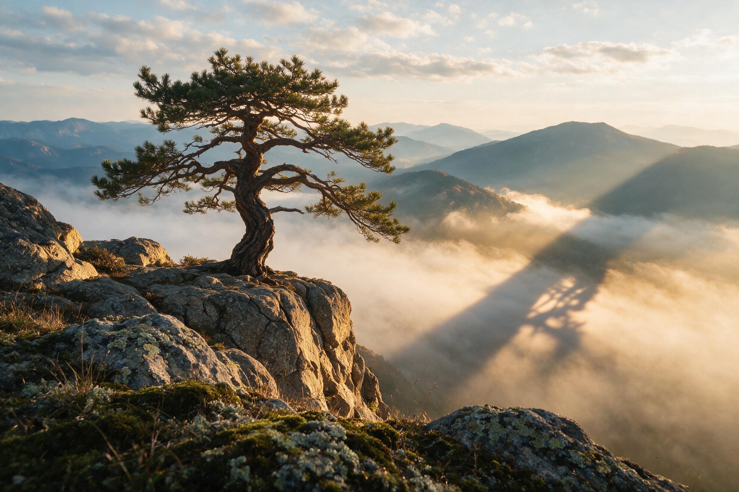A lone pine tree stands atop a granite cliff, casting a long shadow across a mist-filled valley below. Golden hour sunlight breaks through scattered clouds, creating a volumetric glow on the fog. Foreground moss and lichen details in sharp focus. Slight atmospheric perspective softens distant ridges