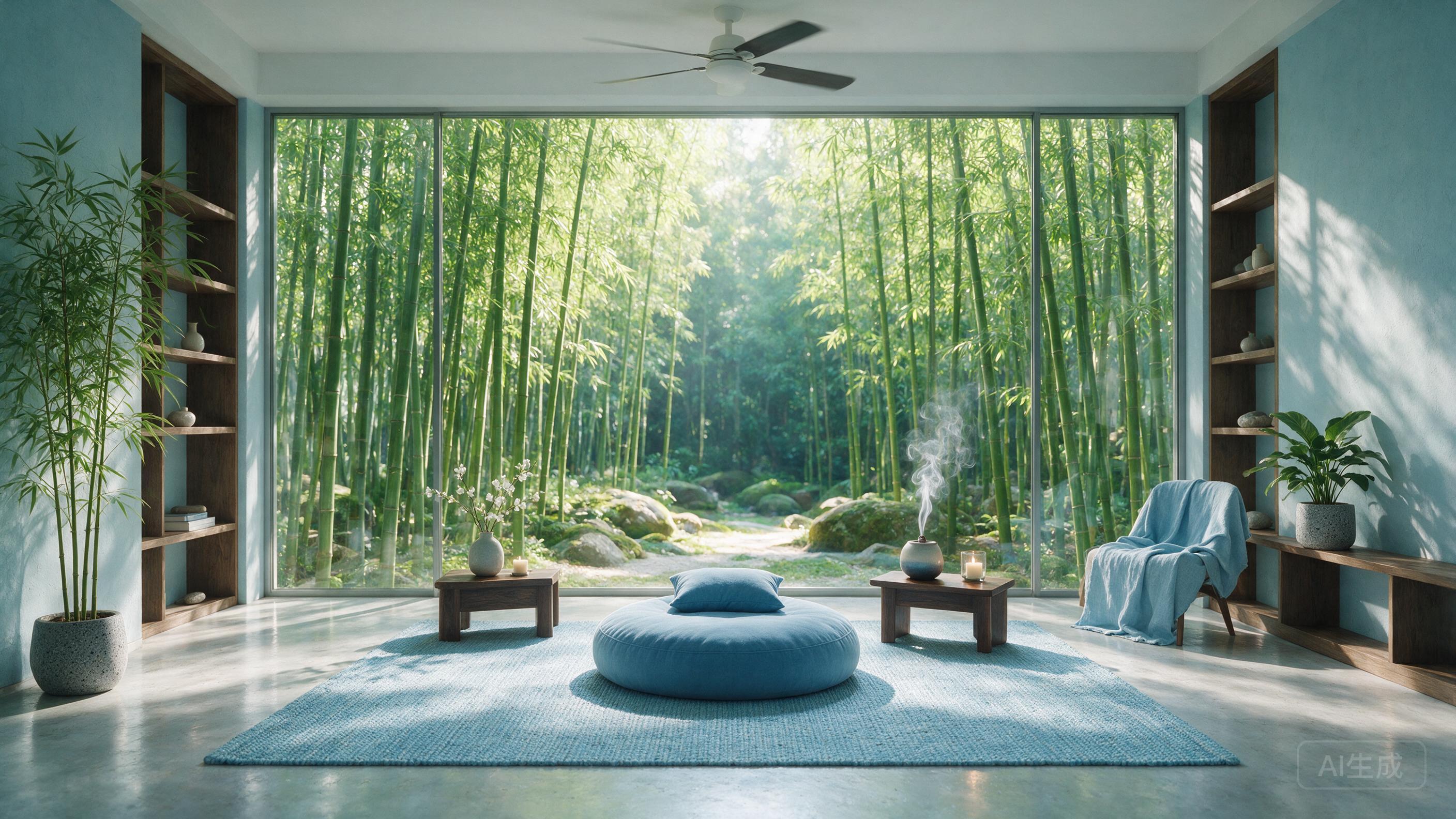 Modern zen meditation space with floor-to-ceiling windows overlooking bamboo forest, minimal design, calm blue tones