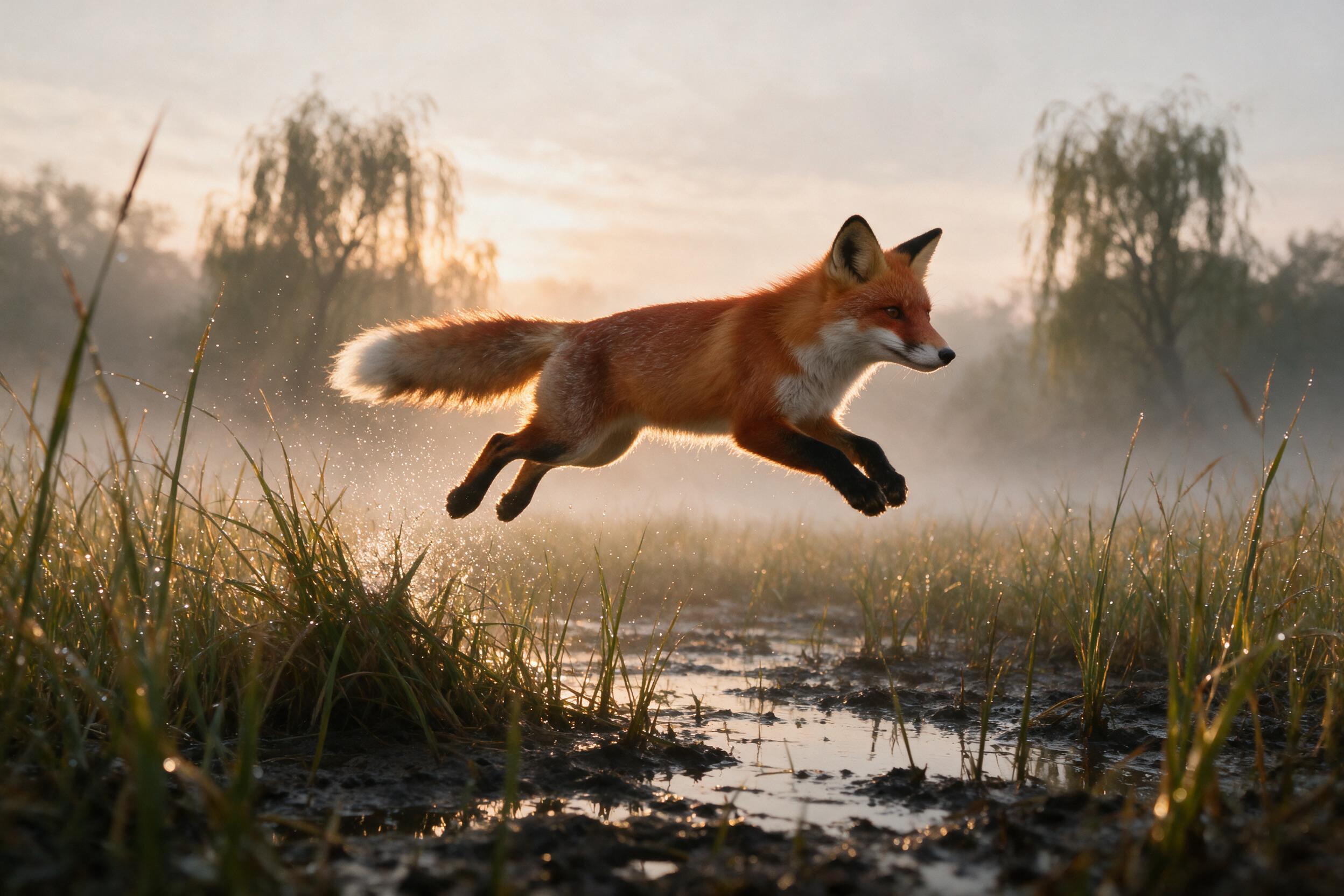 A red fox mid-leap across a misty marsh at dawn, fur catching golden backlight, droplets of dew spraying from reeds, soft-focus background with willow silhouettes, low angle composition emphasizing motion and grace, natural grain and muted earthy tones