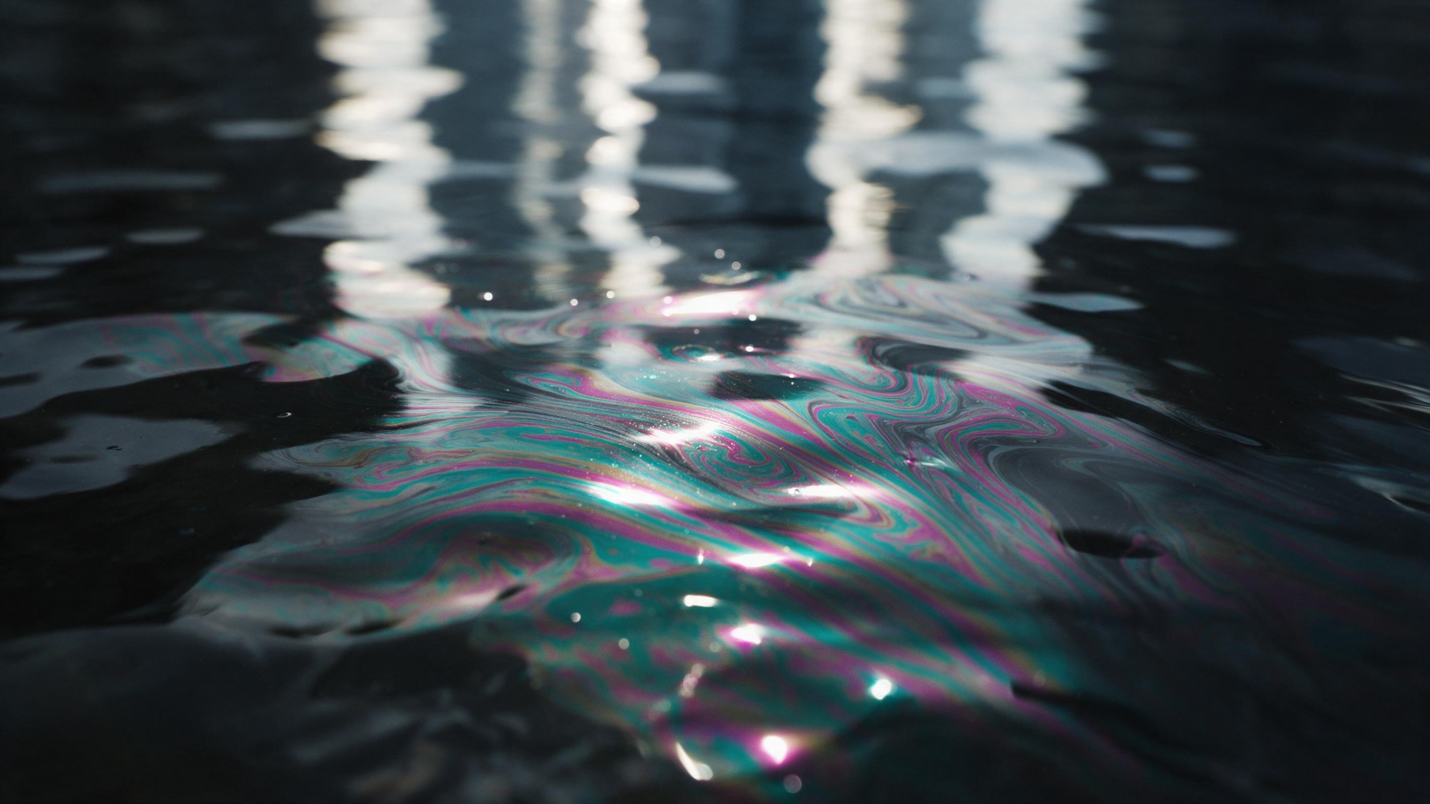 Fluid waves of iridescent oil on dark water, swirling teal and magenta streaks catching directional white light, macro lens view reflecting blurred skyscraper lights, slight surface distortion from gentle vibration, minimalist composition with negative space