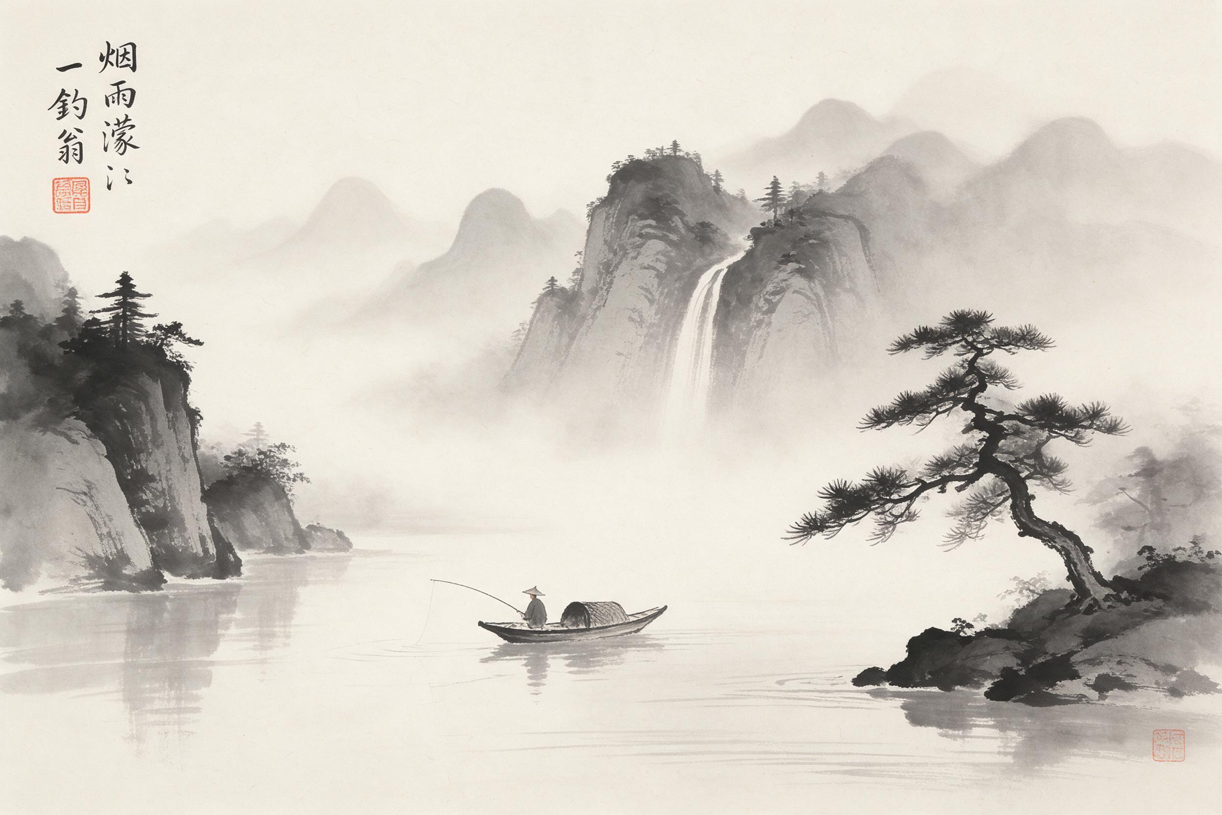 A Chinese ink wash painting of misty mountains and a lone fisherman in a wooden boat on a still river, using soft, diluted black and grey tonal washes, subtle paper texture visible, minimalist composition with negative space, gentle brush strokes, morning haze, light dappled through pines.