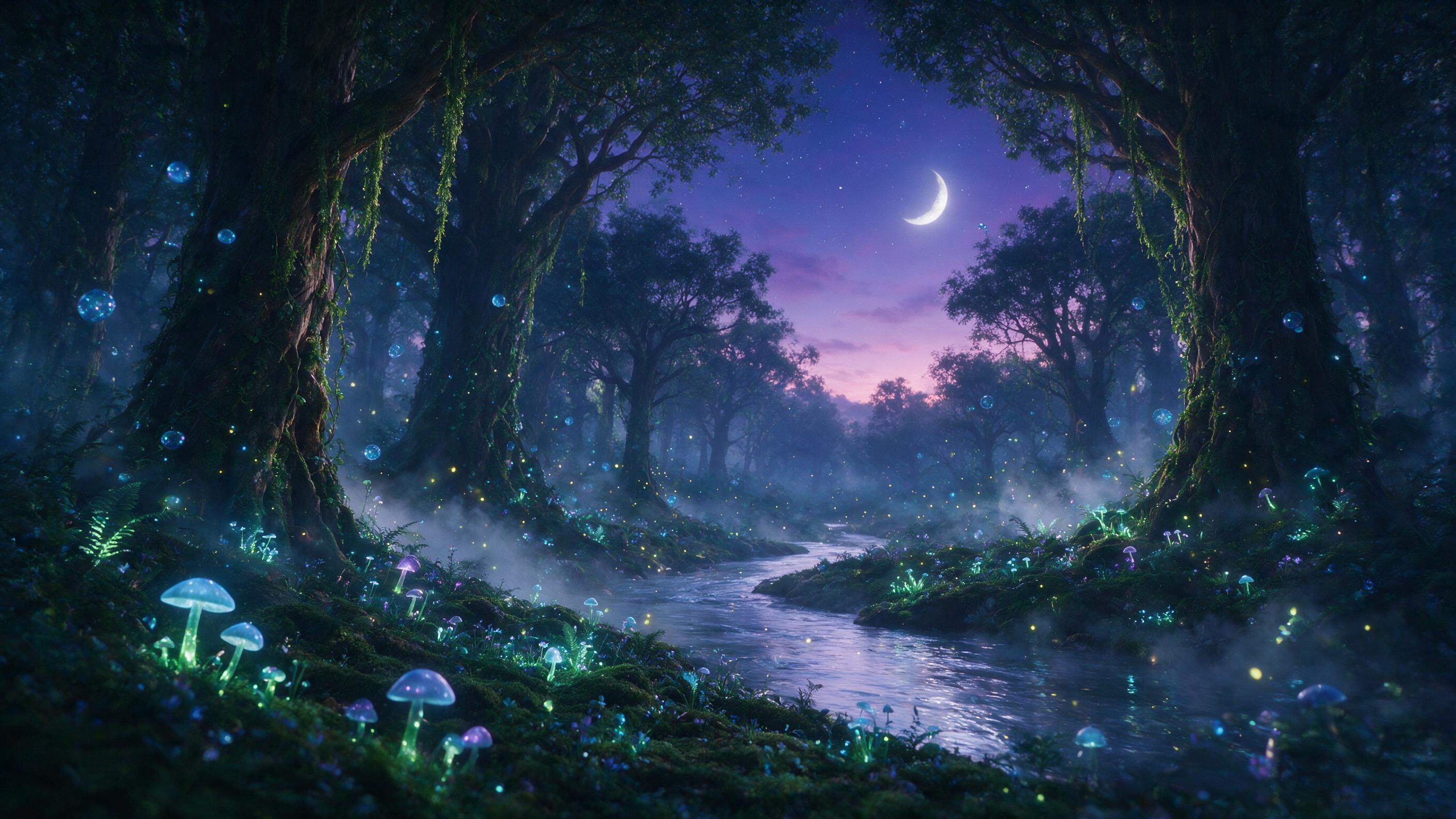 A glowing, ethereal forest at twilight, with bioluminescent mushrooms and floating blue orbs, a silver river winding through ancient towering trees, soft mist rising from the ground, fireflies scattered in the air, cinematic lighting, depth of field, dreamy and magical atmosphere