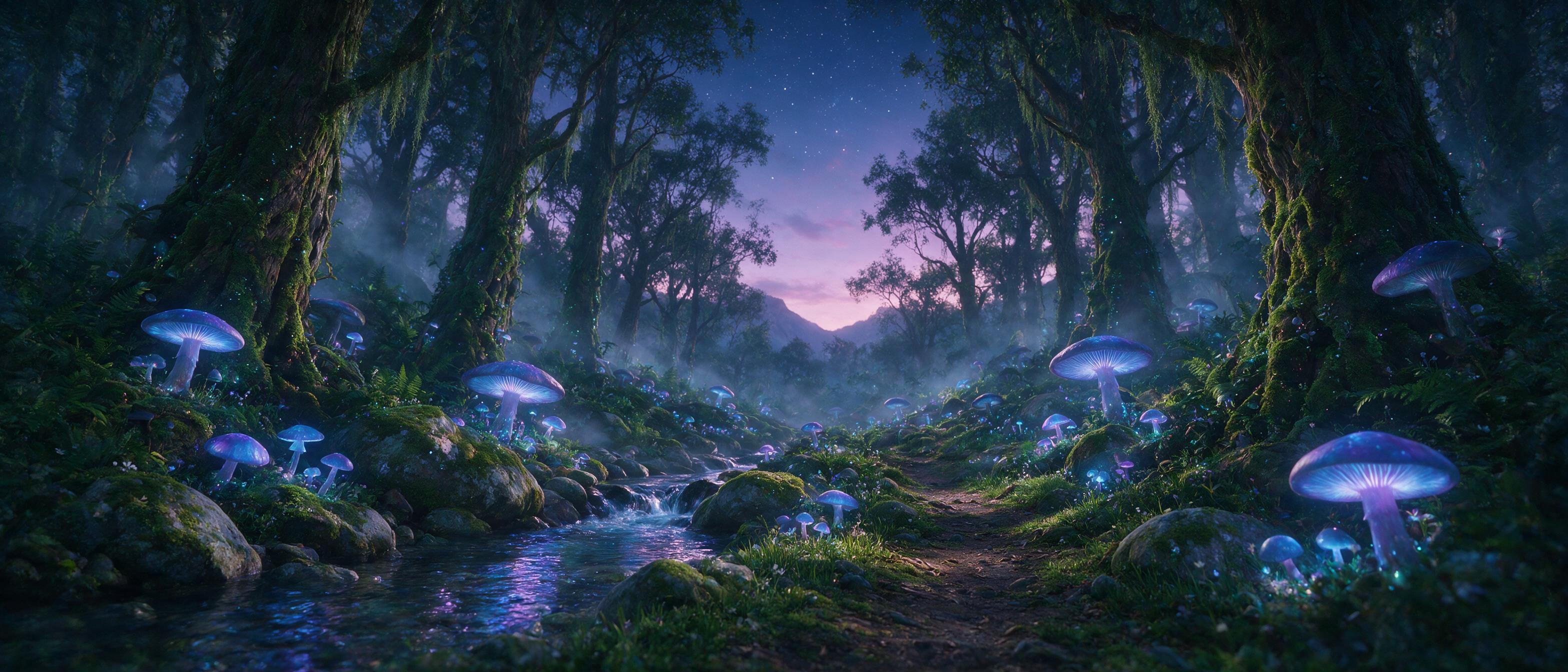 A bioluminescent, ancient forest at twilight. Giant mushrooms with glowing blue and purple caps illuminate a winding path. Moss-covered stones and a small, clear stream reflect the ethereal light. Soft mist hangs between the gnarled trees. Perspective from a low angle on the path, looking deeper int