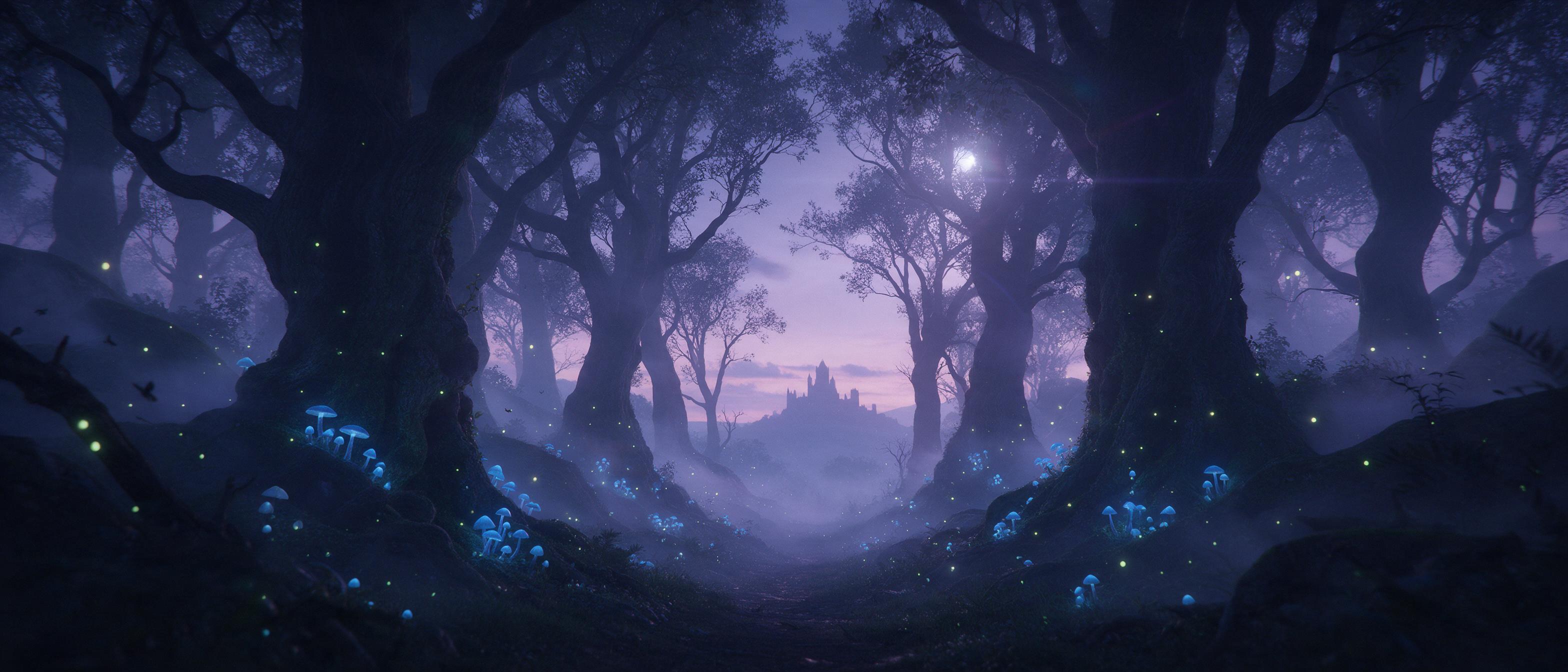 A misty forest at twilight, ancient gnarled trees with glowing blue mushrooms at their roots, a narrow path leading to a distant castle silhouette, fireflies floating in the air, ethereal fog weaving between trunks, soft purple and cyan tones, cinematic wide shot, subtle lens flare from the moon