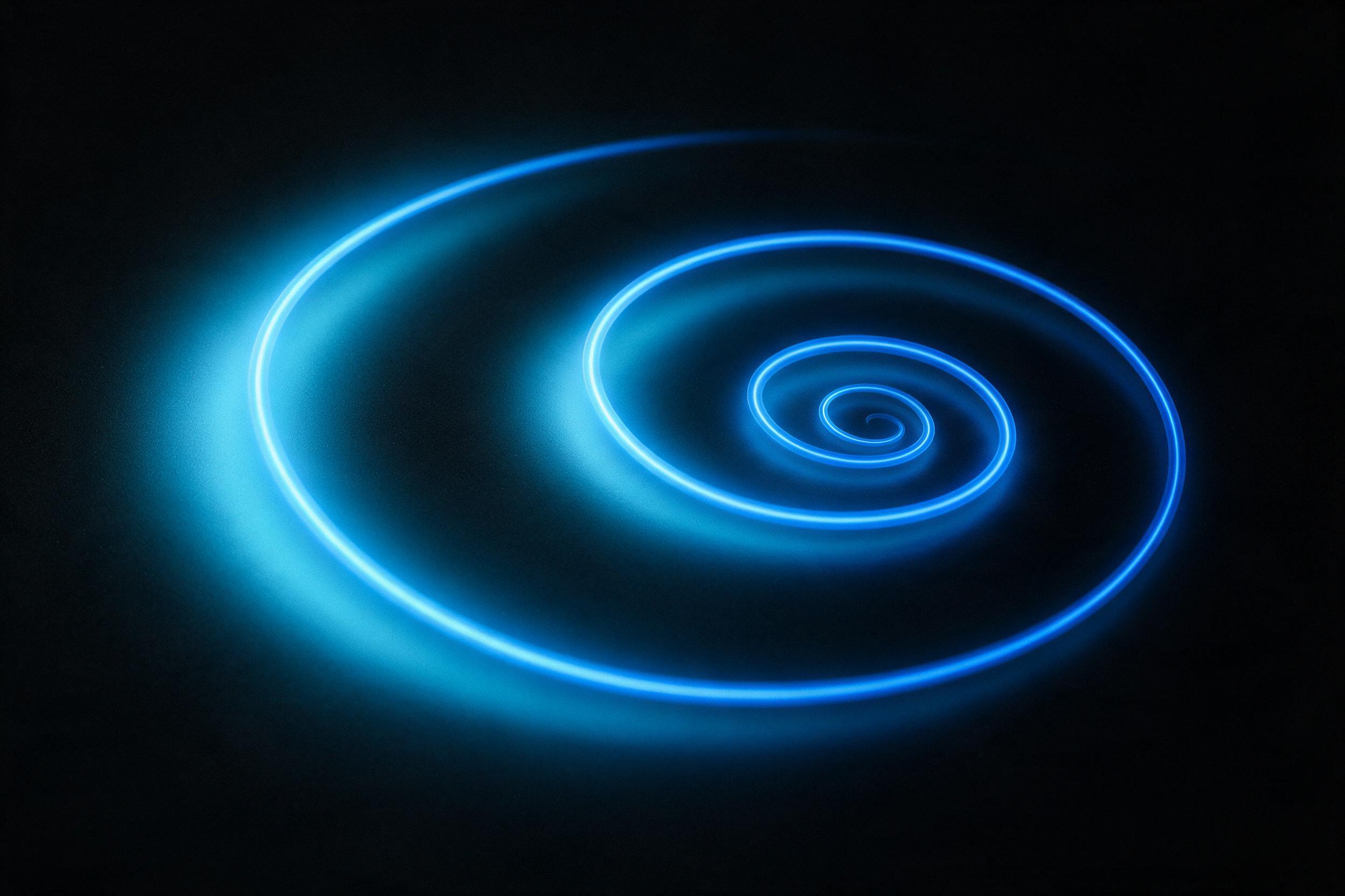 A single glowing neon blue line tracing a complex, fluid spiral on a pitch-black matte surface. Soft, diffused light from the left side creates a subtle gradient along the curve. Minimalist composition, no other elements, slight grain texture.