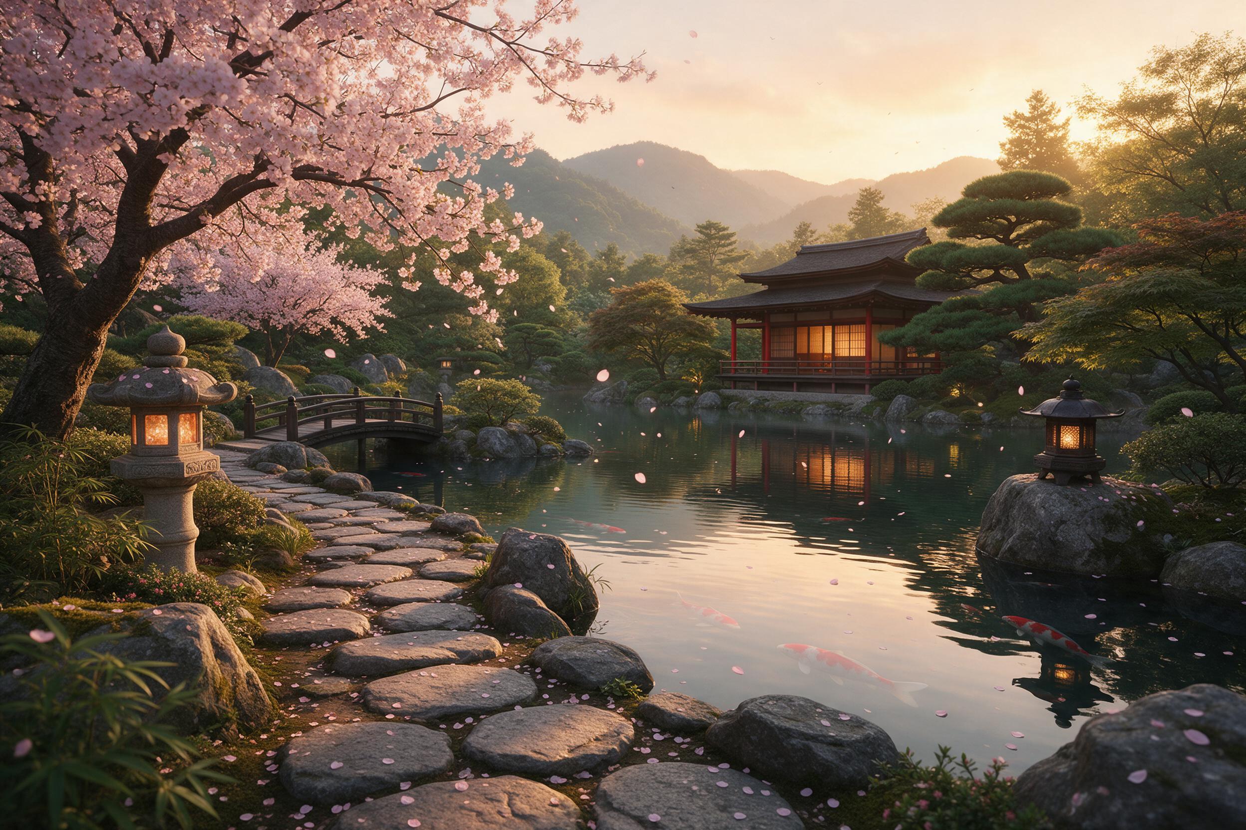 A serene Japanese garden at golden hour, cherry blossoms falling, koi pond reflecting warm light, digital art, 8K