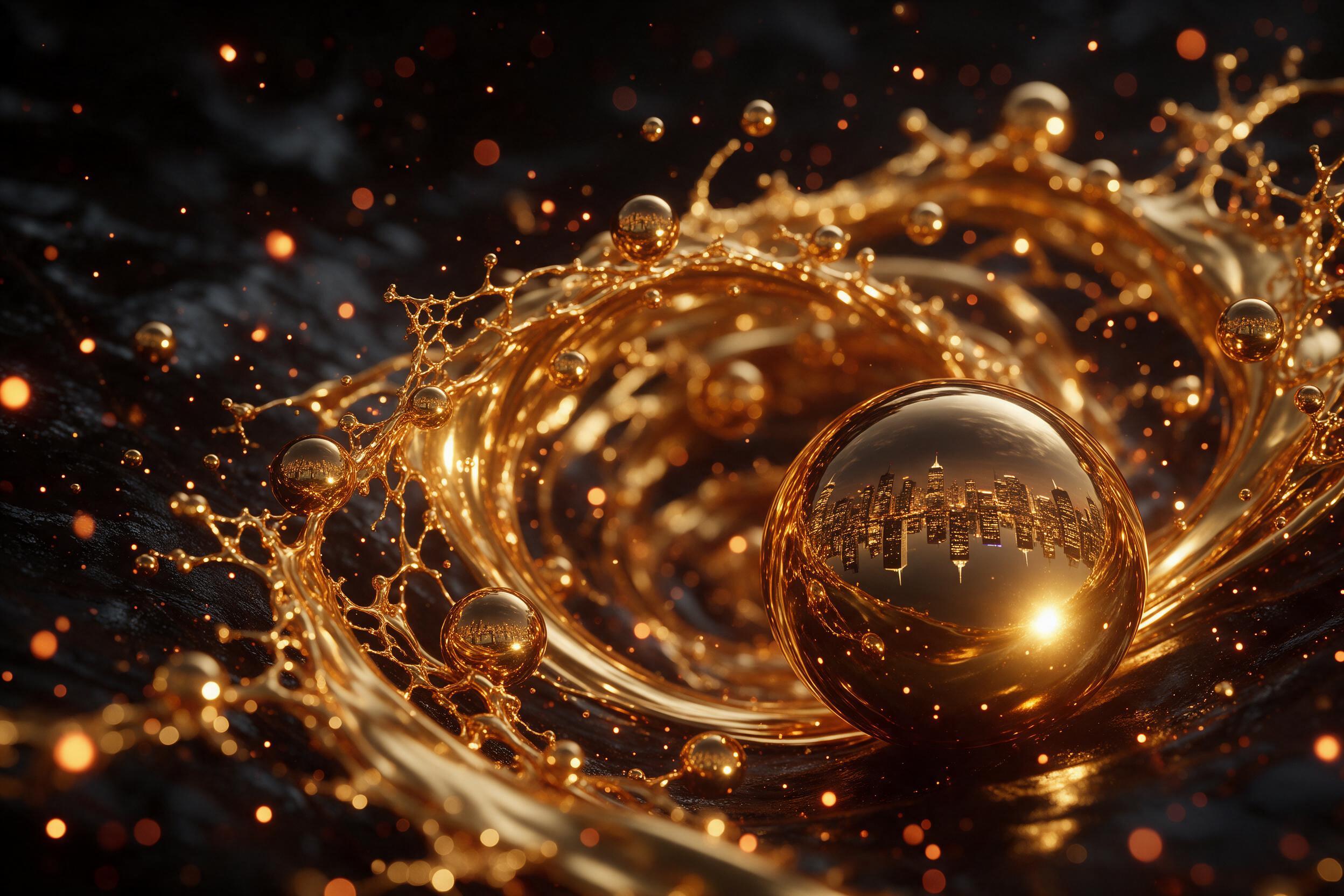 Molten gold liquid swirls in a dark obsidian void, forming delicate metallic fractals that catch warm amber light at sharp angles, with floating ember-like particles, dramatic chiaroscuro contrast, shallow depth of field, macro lens perspective, reflecting an inverted city skyline on each droplet