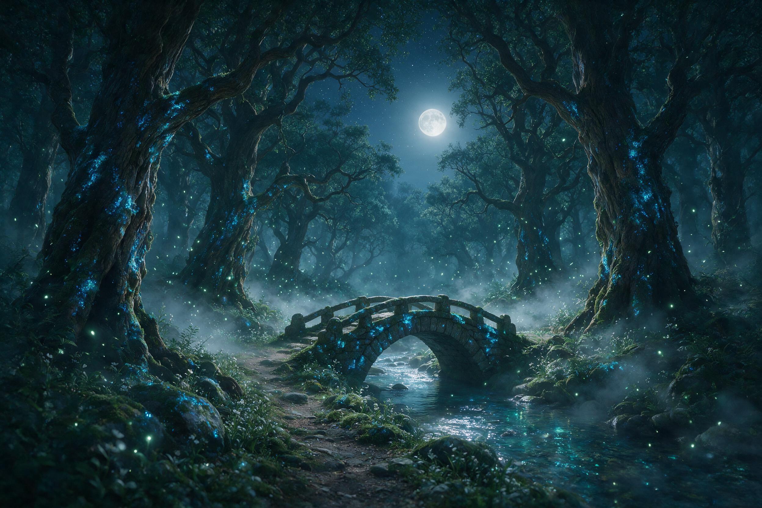 A moonlit enchanted forest, ancient gnarled trees with glowing blue moss, a small stone bridge over a shimmering stream, fireflies dancing in the air, soft mist, deep shadows, ethereal atmosphere, cinematic composition, muted teal and silver palette