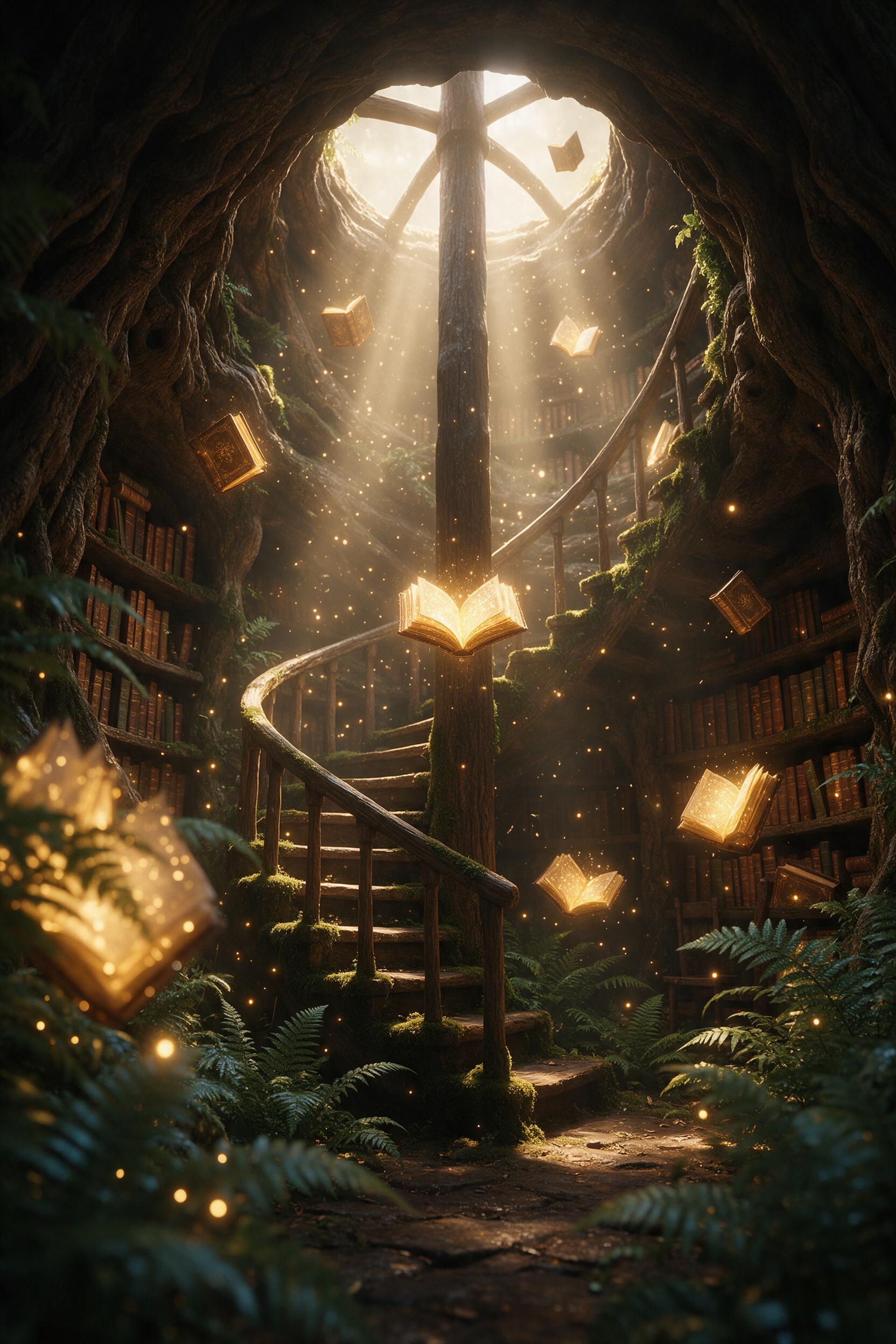 A sunlit ancient library hidden in a giant hollow tree, glowing books floating in mid-air, moss-covered spiral staircase winding upward, golden dust particles dancing in light beams from a skylight, surrounded by lush ferns and fireflies, dreamy atmosphere with soft focus and ethereal glow, warm and