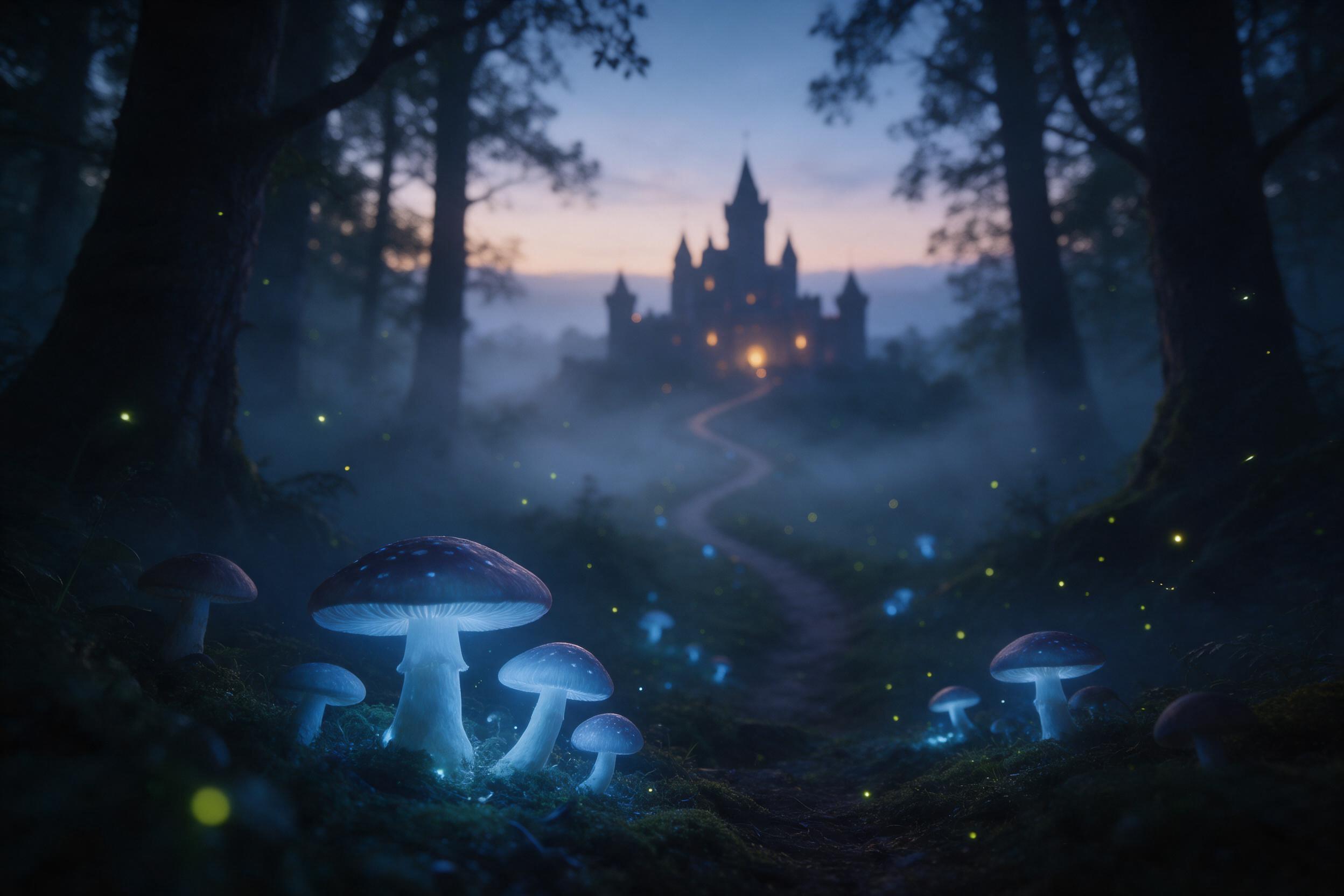Ancient forest at twilight, giant glowing mushrooms casting soft blue light on mossy ground, a winding path leading to a distant castle silhouette, fireflies drifting through misty air, gentle fog, warm amber glow from castle windows, cinematic composition, shallow depth of field, ethereal atmospher
