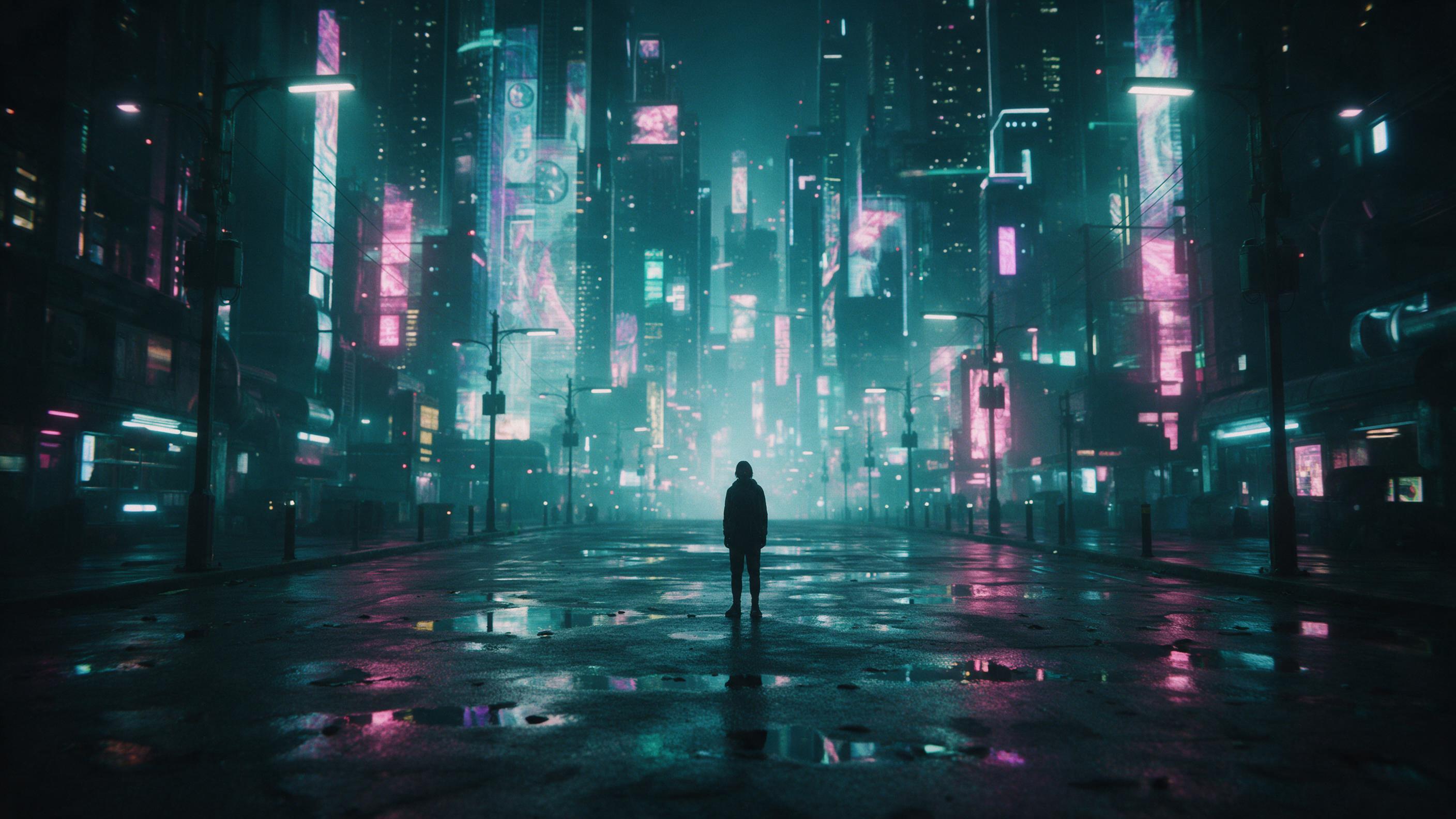 A lone figure stands on a rain-slicked neon street, holographic advertisements flickering on towering skyscrapers, reflections distorting in puddles, cyberpunk cityscape, atmospheric haze, cinematic composition, shallow depth of field, teal and magenta lighting
