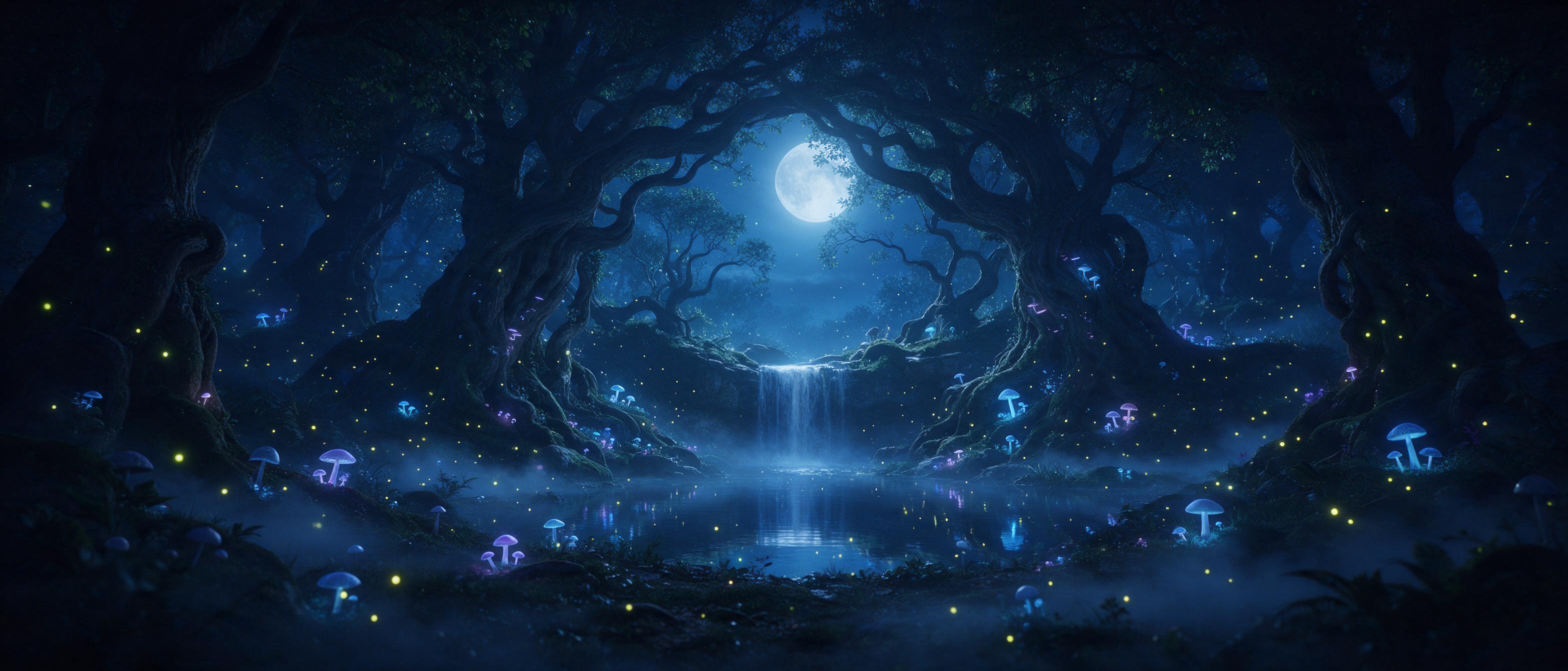 A moonlit enchanted forest clearing, bioluminescent mushrooms casting soft blue and violet glow, a gentle waterfall cascading into a mirrored pool, ancient twisted trees forming a natural archway, fireflies drifting like living constellations, mist swirling low, cinematic wide shot, ethereal atmosph