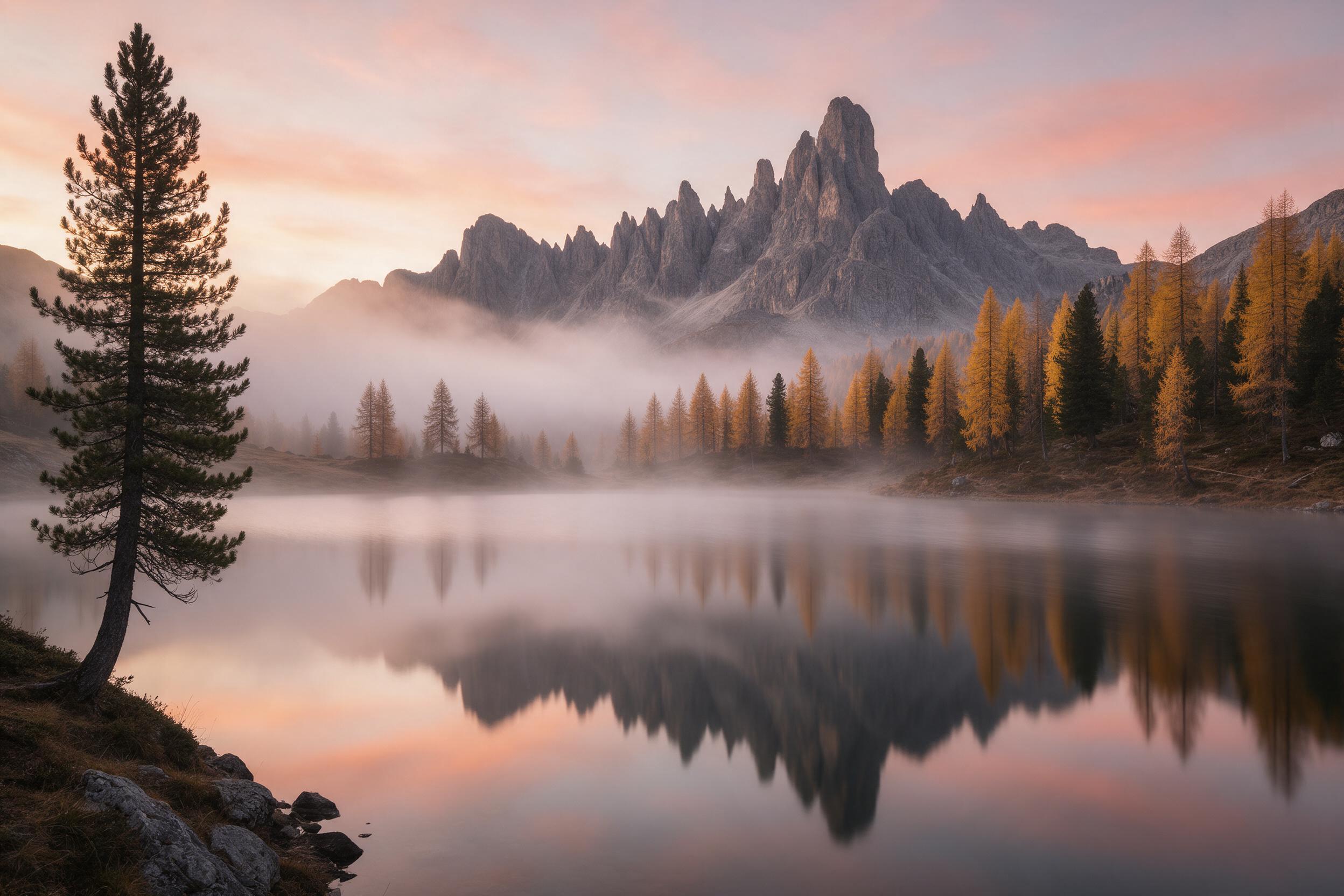 Misty alpine lake at dawn, glassy water reflecting jagged granite peaks and golden larches, gentle fog rolling through the valley, soft pink and orange sky, long exposure smoothing the surface, natural light, wide-angle composition with a lone pine framing the left edge.