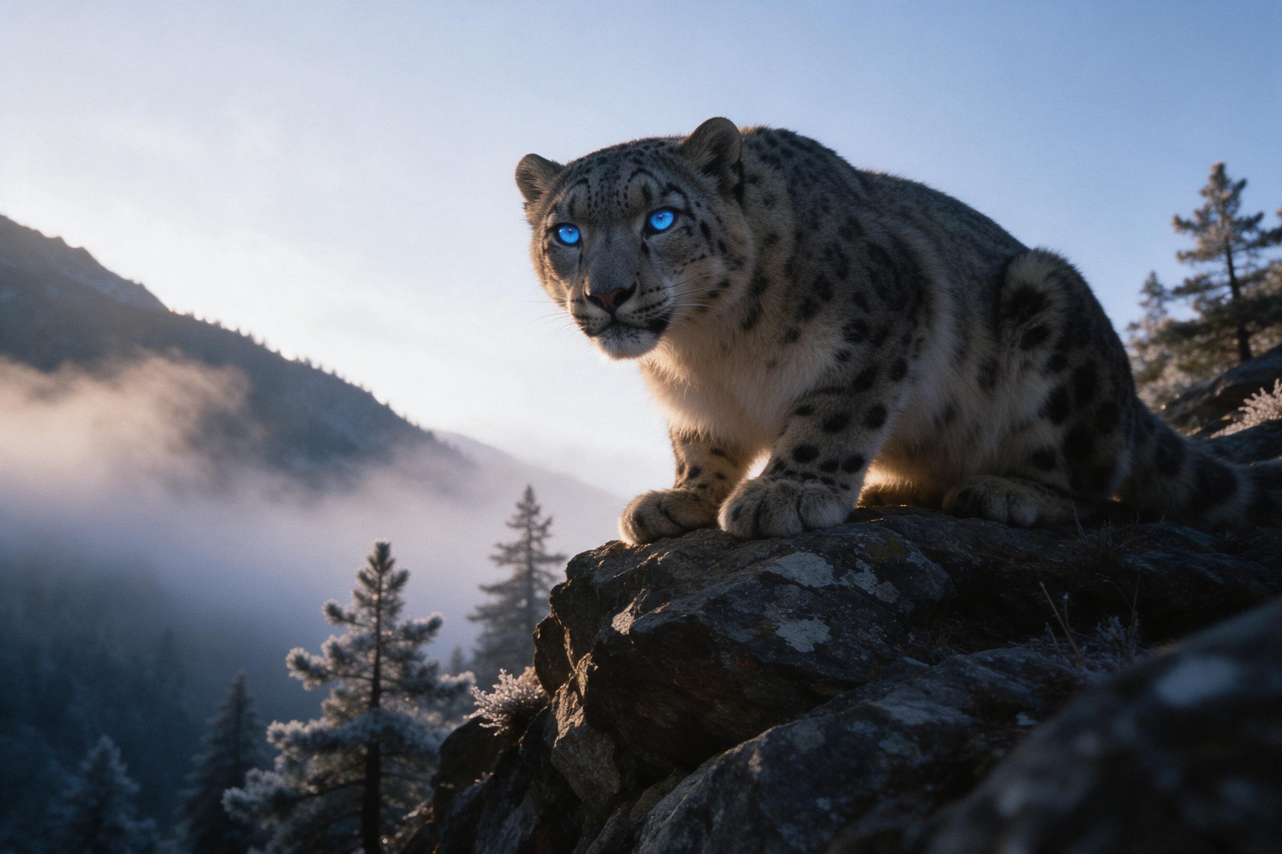 A snow leopard crouched on a rocky outcrop at dawn, its piercing blue eyes catching the first light. Soft mist rolls through the Himalayan valley below, pine trees dusted with frost. Shot from a low angle, telephoto lens compression, subtle grain and natural warm glow on the fur.