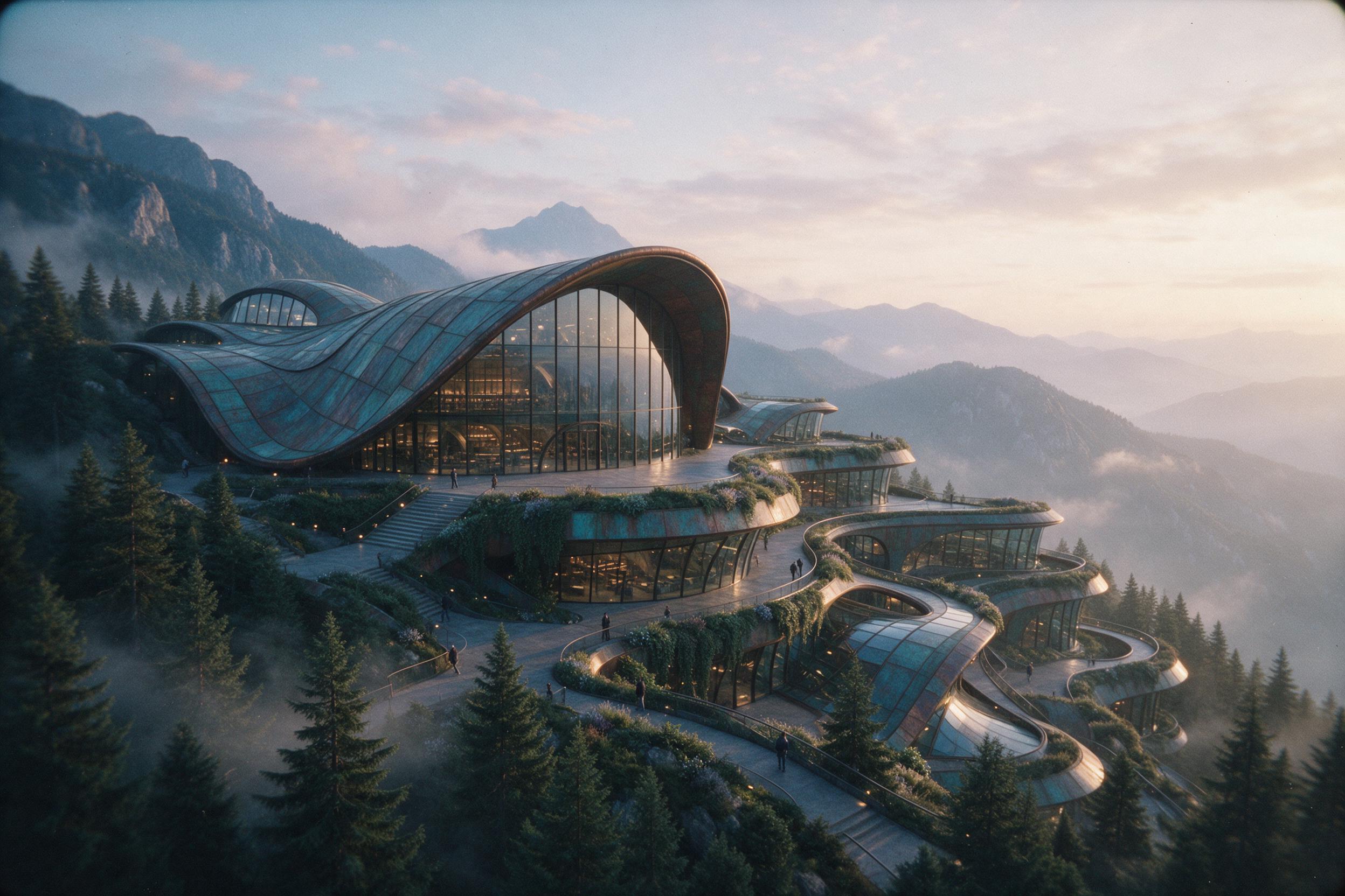 Aerial view of a futuristic library, curved glass and weathered copper, floating terraces with hanging gardens, soft dawn light casting long shadows, misty mountains in background, wide-angle composition emphasizing scale, grain and slight vignette for cinematic realism