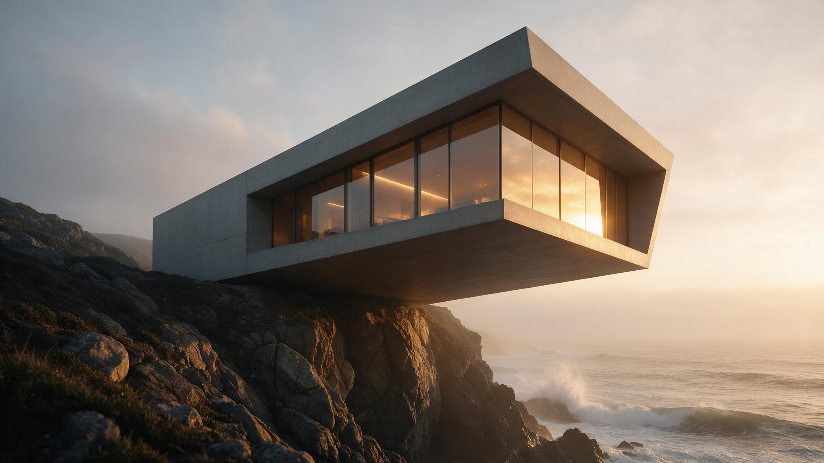 A minimalist concrete house cantilevered over a rocky coastal cliff, floor-to-ceiling glass windows reflecting the golden sunset, waves crashing below, warm interior light glowing through the glass, sharp geometric lines, atmospheric haze over the ocean, shot from a low angle emphasizing the bold ov