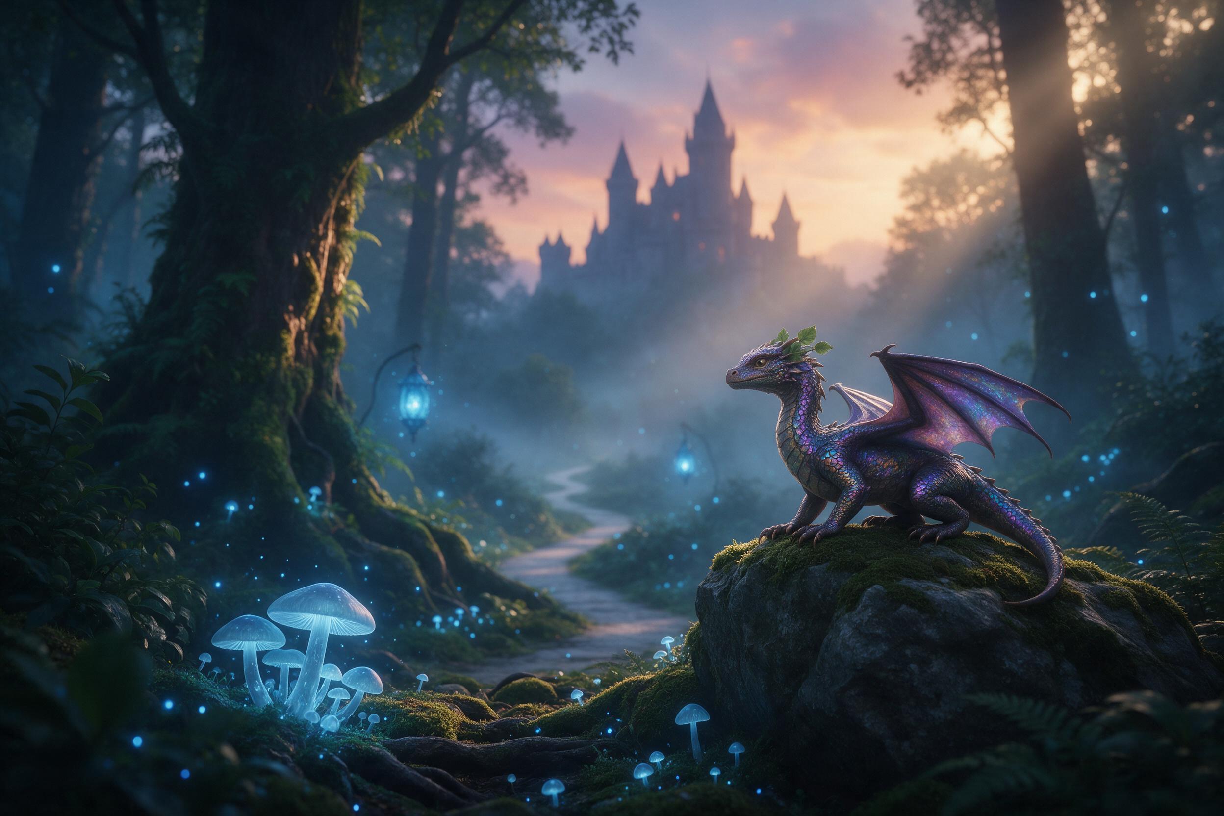 Mist-shrouded ancient forest at dusk, bioluminescent mushrooms glowing soft blue, a small dragon with iridescent scales perched on a mossy rock, winding path leading to a distant castle silhouette, volumetric light rays piercing through canopy, ethereal atmosphere, rich color palette