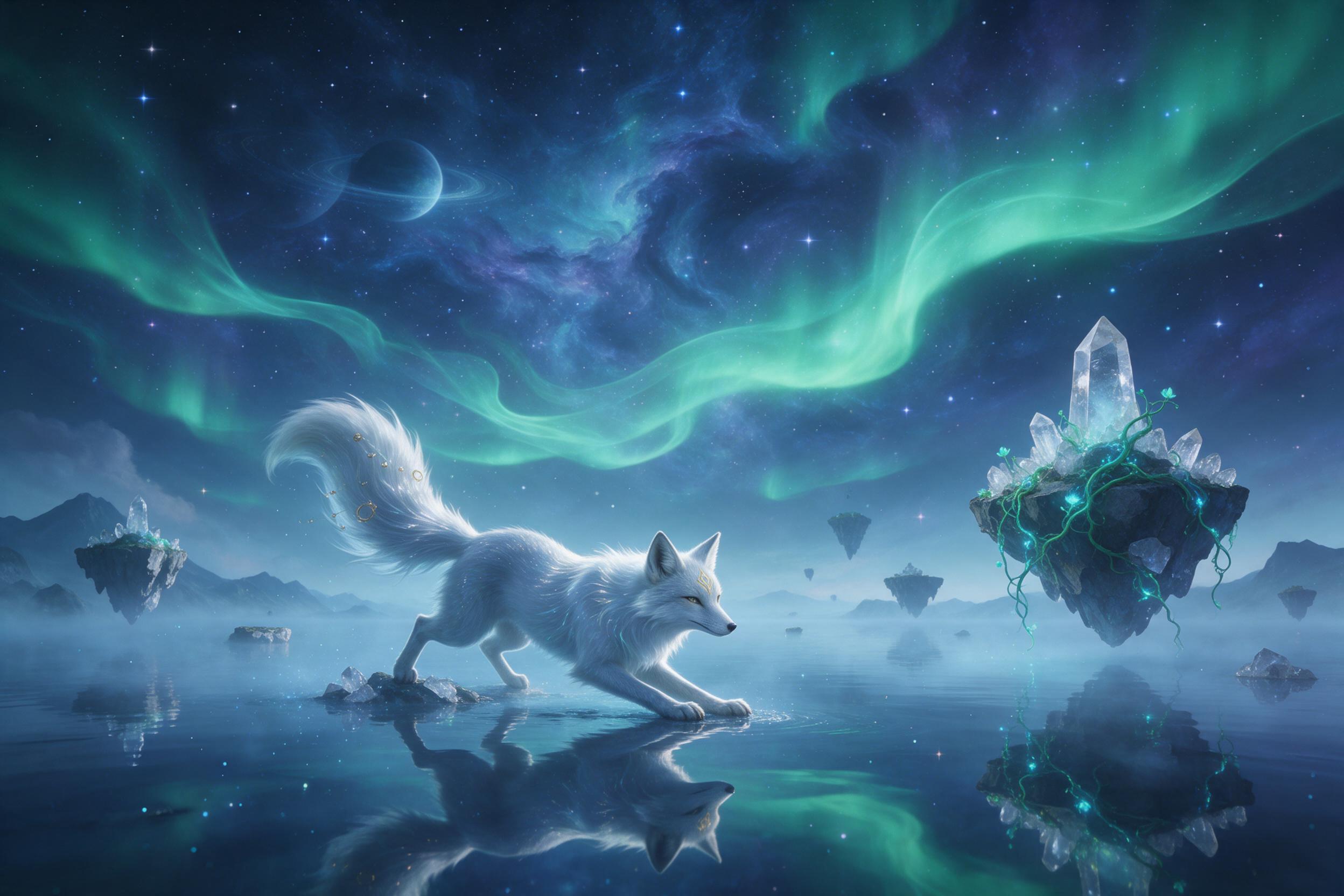 A celestial fox, its fur silvered like moonlight, prowling a vast mirrored lake beneath a swirling nebula sky, emerald aurora ribbons overhead, islands of floating quartz and glowing vines, subtle mist, cinematic composition from low angle, ethereal glow, soft focus on distant peaks, color of deep b