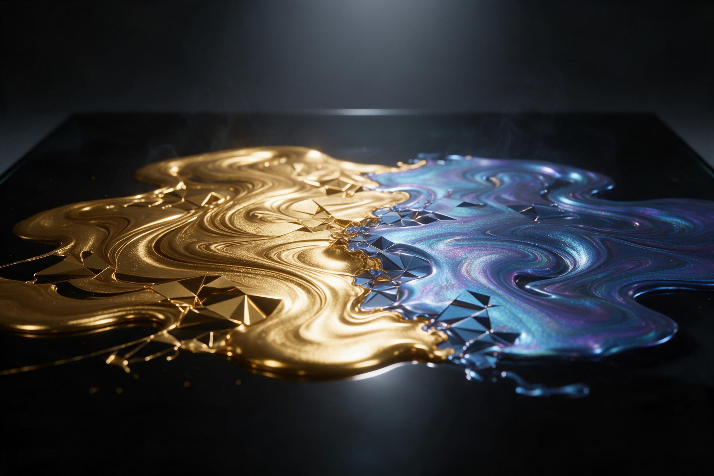 Molten gold and iridescent blue fluid colliding on black glass, swirling organic shapes with sharp geometric fractures, macro lens capture, harsh spotlight from above creating deep reflections, subtle smoke wisps rising, intense color contrast, minimal background