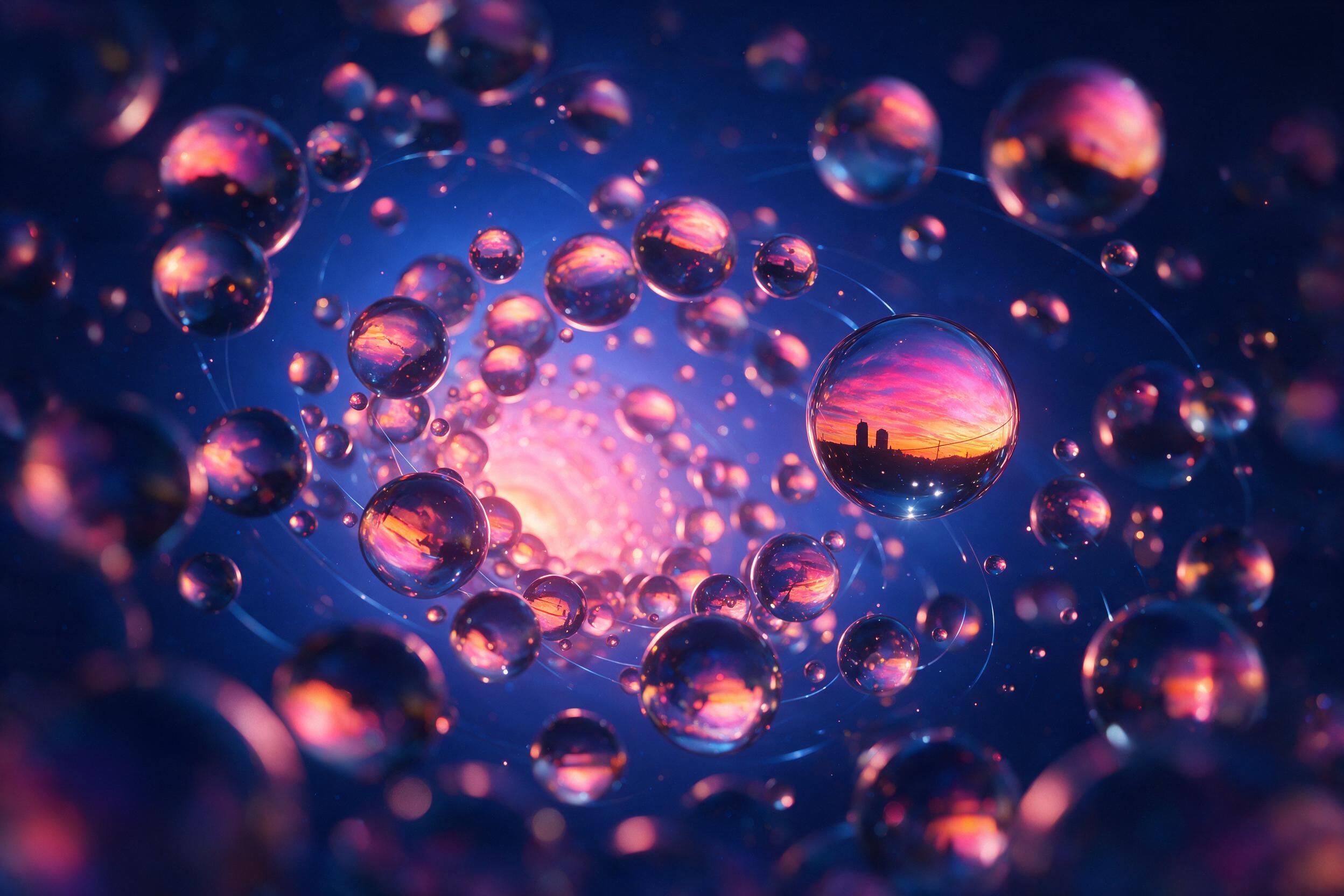 A swirling vortex of translucent glass spheres, each refracting a fragment of a neon sunset, suspended in a deep indigo void. Soft, diffused backlight creates a subtle glow, while shallow depth of field blurs the outer spheres into bokeh. Smooth, polished surfaces contrast with sharp, scattered ligh